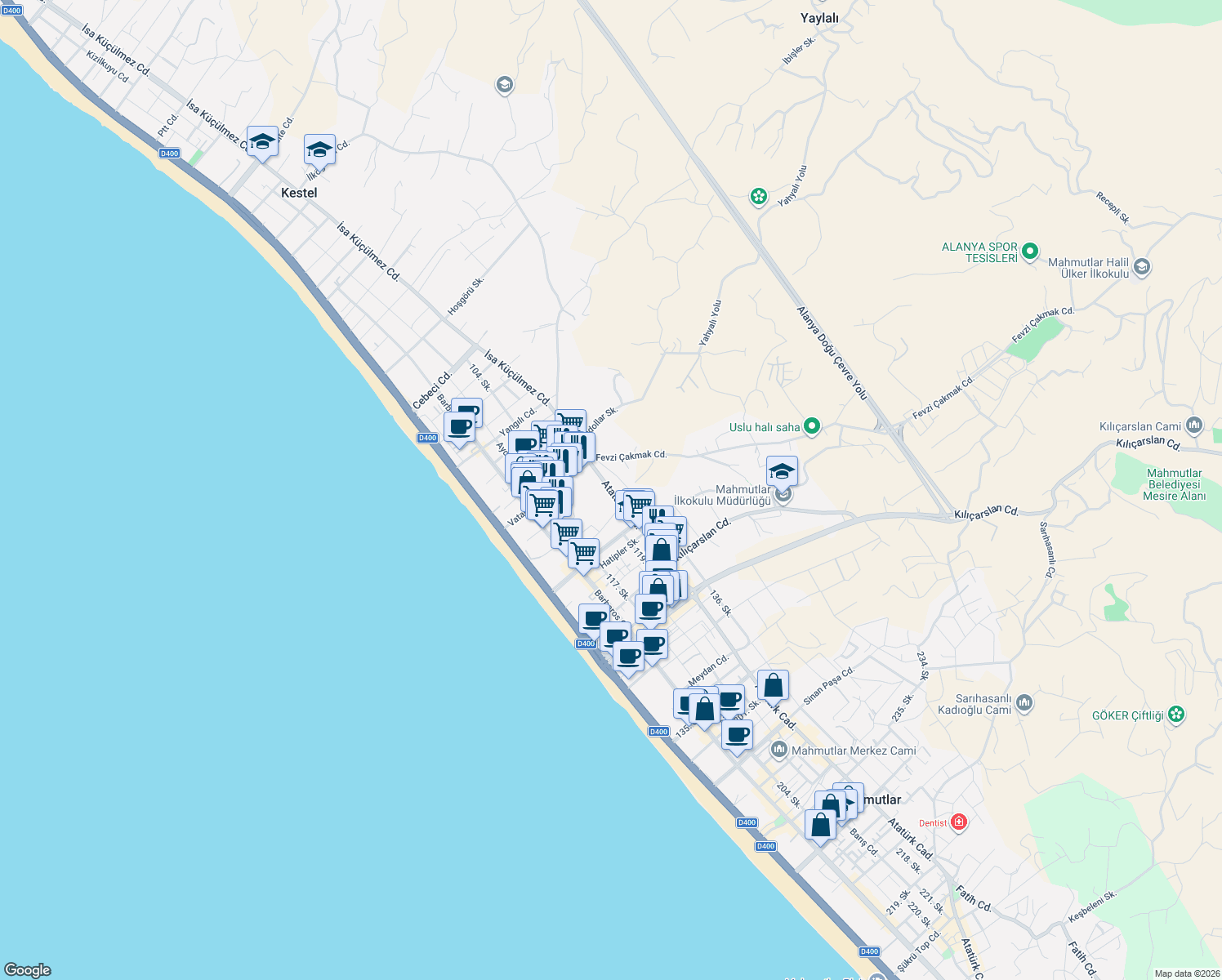 map of restaurants, bars, coffee shops, grocery stores, and more near No:29 Atatürk Caddesi in Alanya