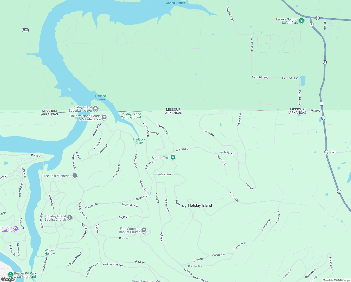 map of restaurants, bars, coffee shops, grocery stores, and more near 22 Thomas Circle East in Eureka Springs
