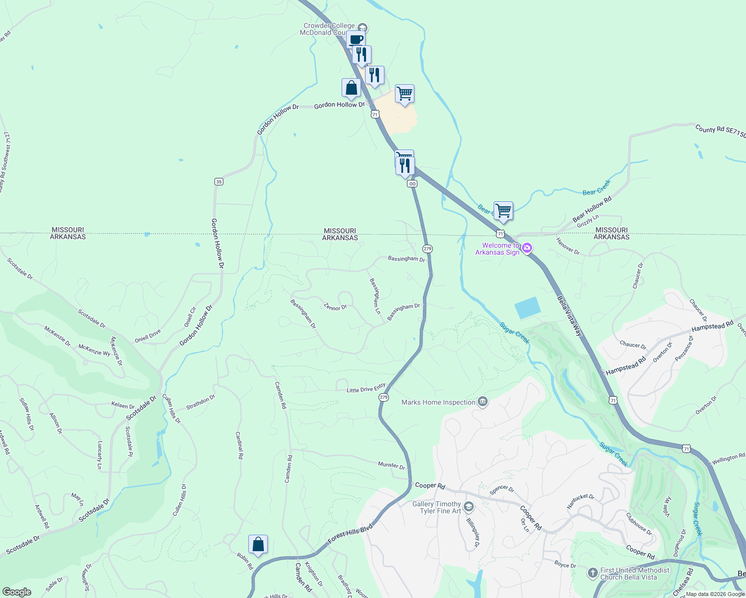 map of restaurants, bars, coffee shops, grocery stores, and more near 13 Bassingham Lane in Bella Vista