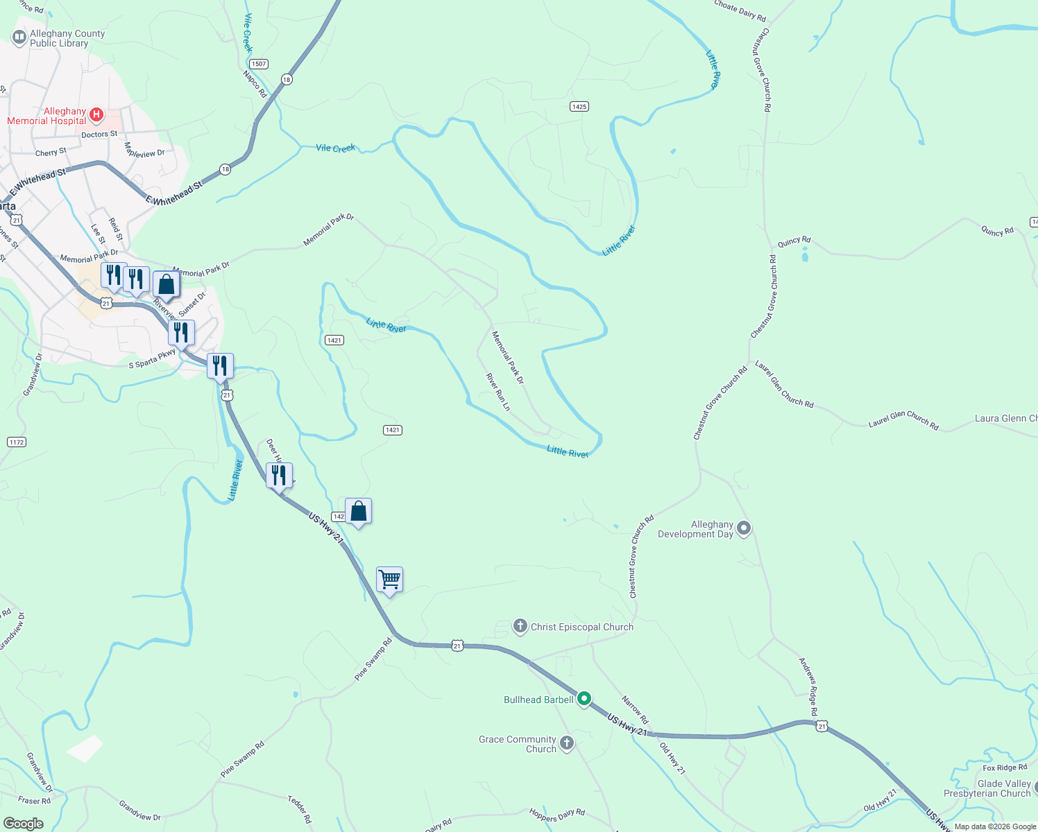 map of restaurants, bars, coffee shops, grocery stores, and more near 20M Alleghany Manor Road in Sparta