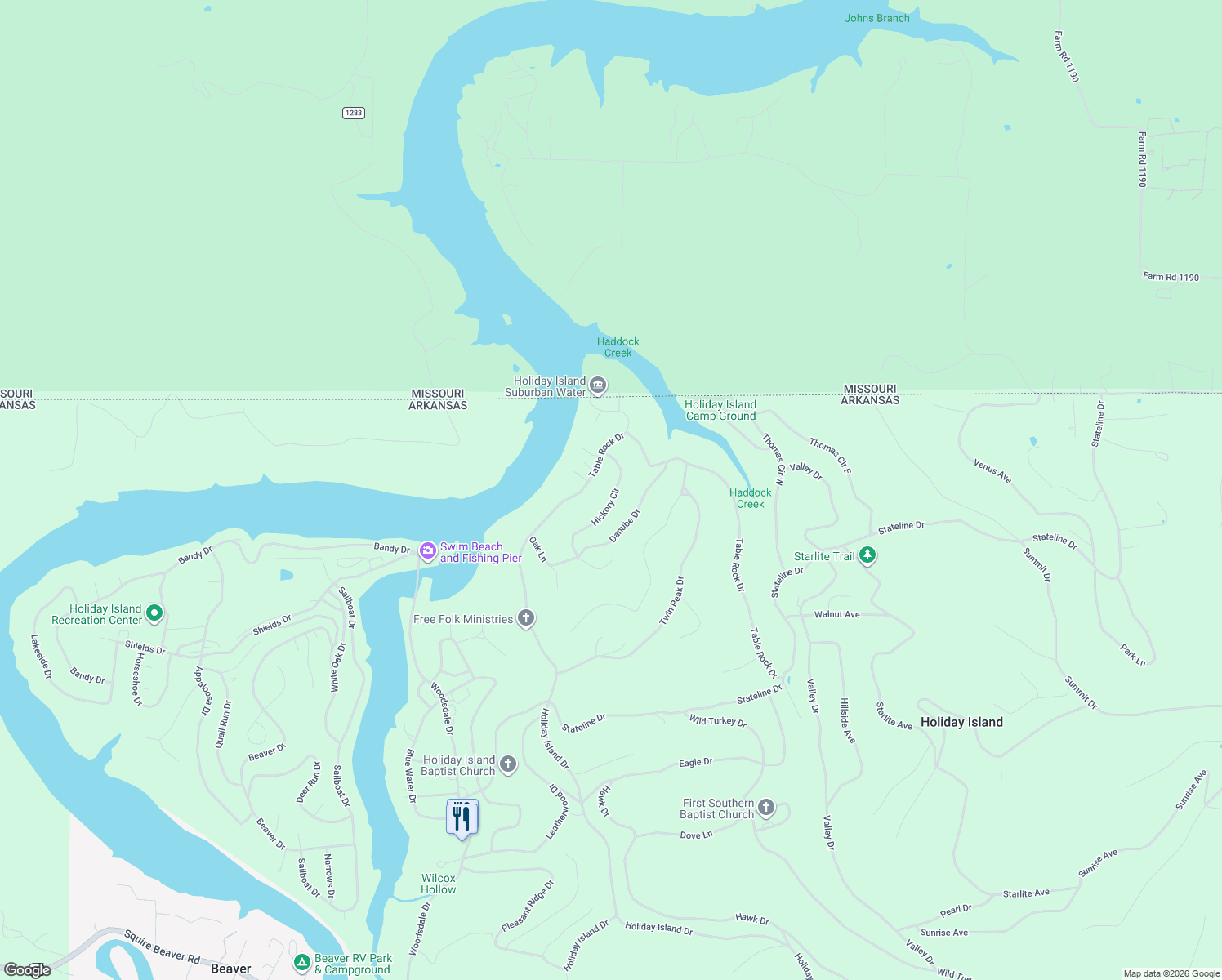 map of restaurants, bars, coffee shops, grocery stores, and more near 92 Table Rock Drive in Holiday Island