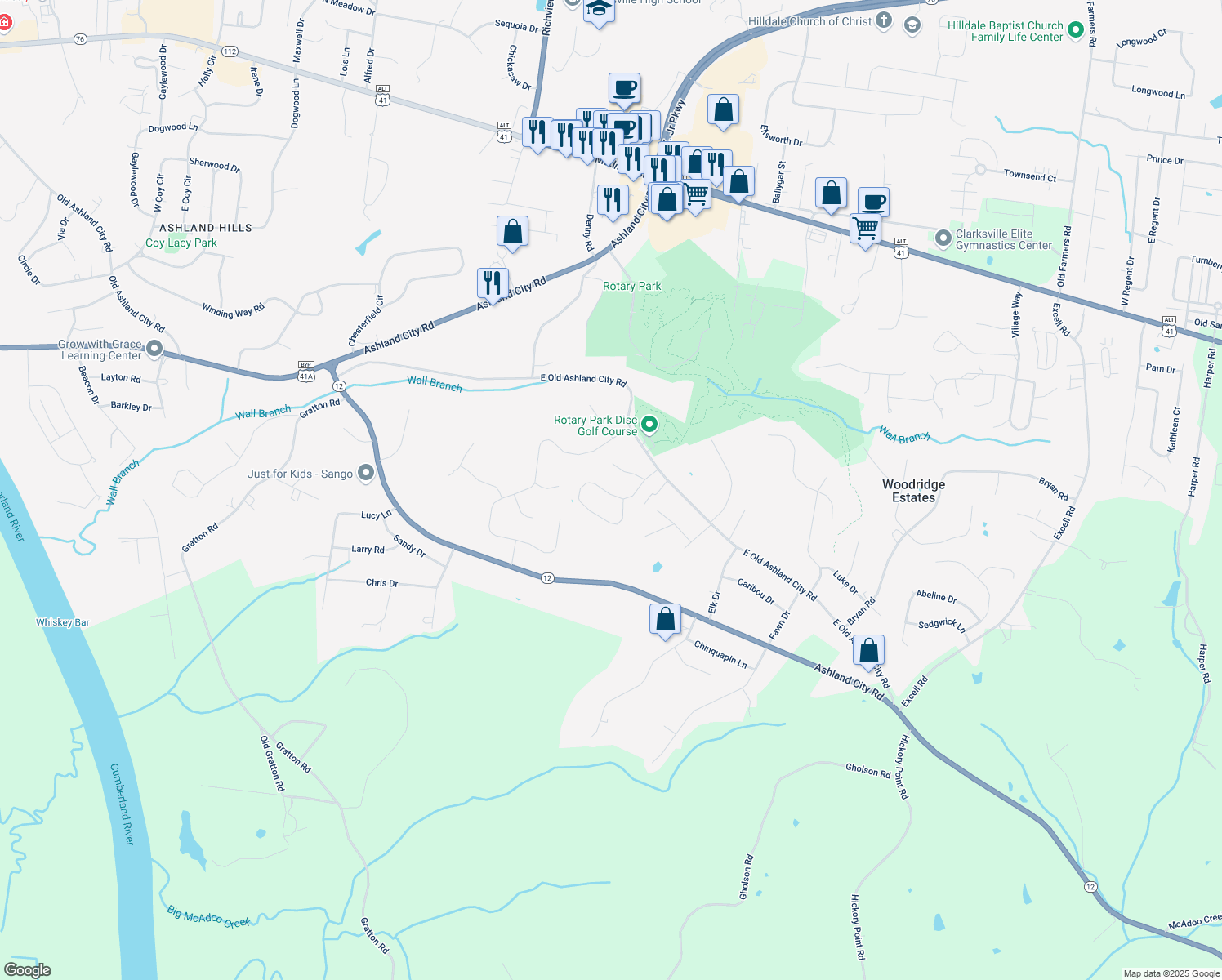 map of restaurants, bars, coffee shops, grocery stores, and more near 555 Cedar Valley Drive in Clarksville