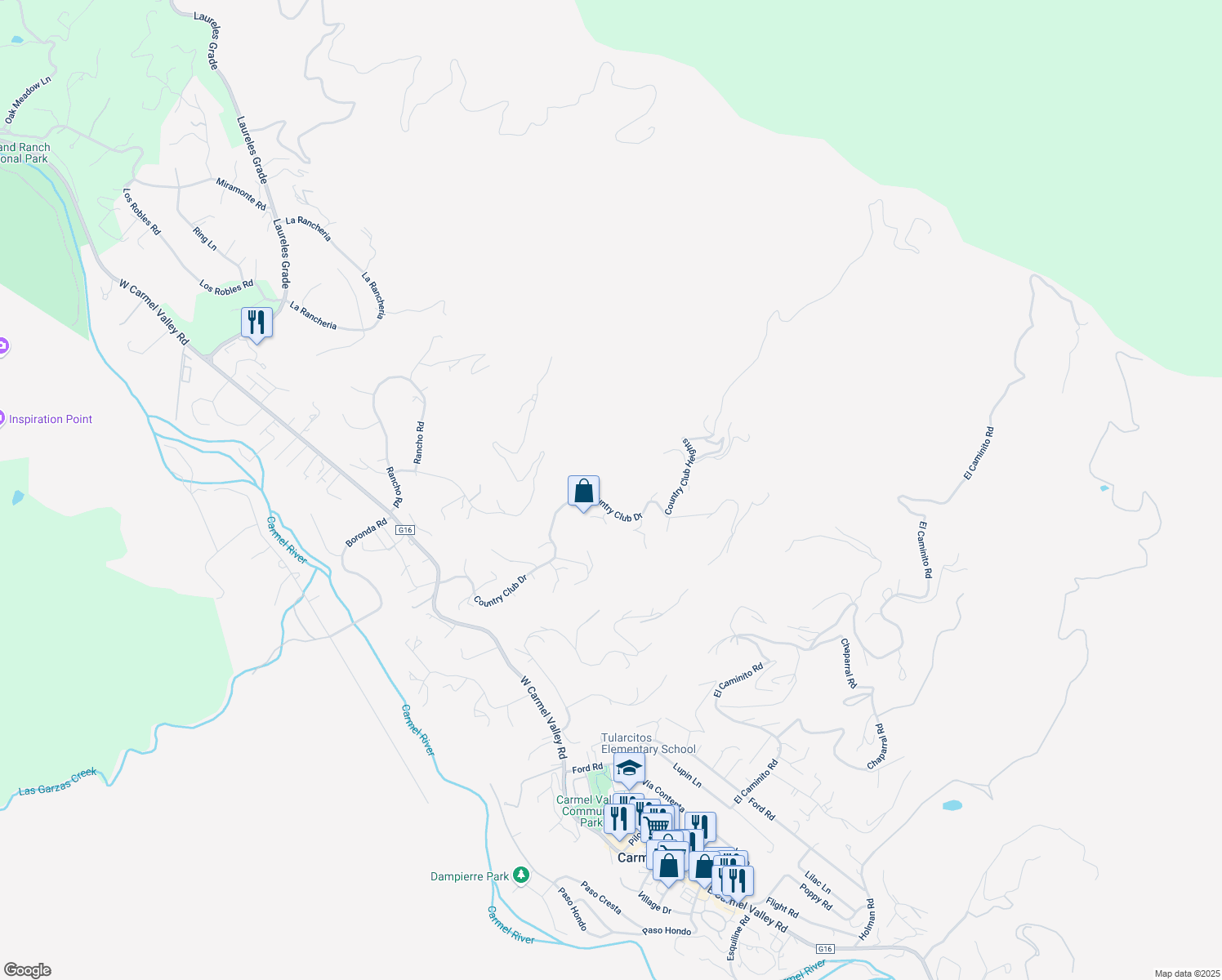 map of restaurants, bars, coffee shops, grocery stores, and more near 499 Country Club Drive in Carmel Valley