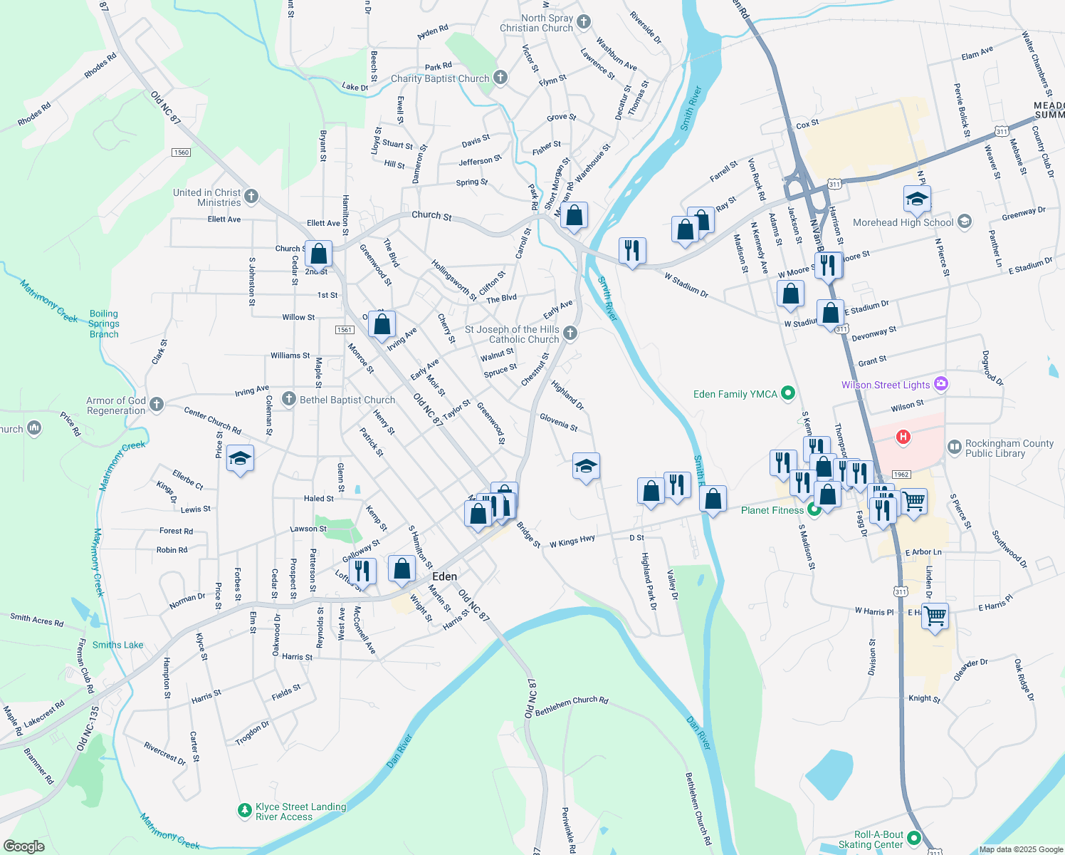map of restaurants, bars, coffee shops, grocery stores, and more near 510 Boone Rd in Eden