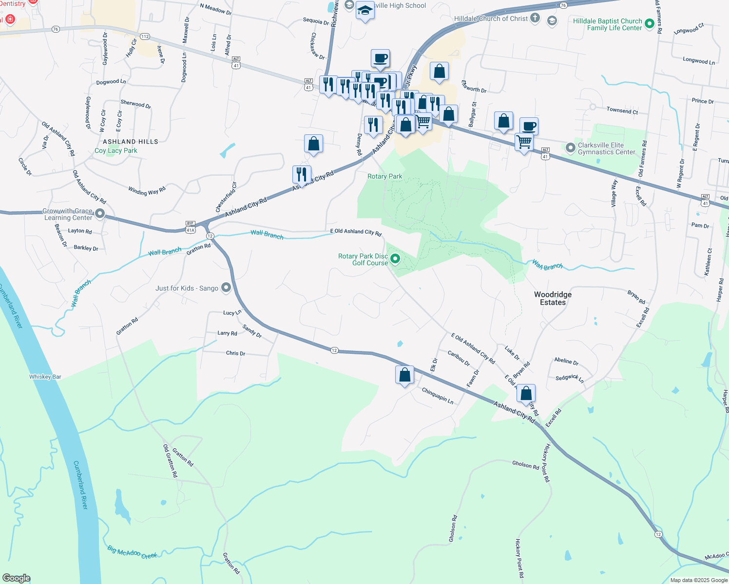 map of restaurants, bars, coffee shops, grocery stores, and more near 564 Cedar Valley Drive in Clarksville