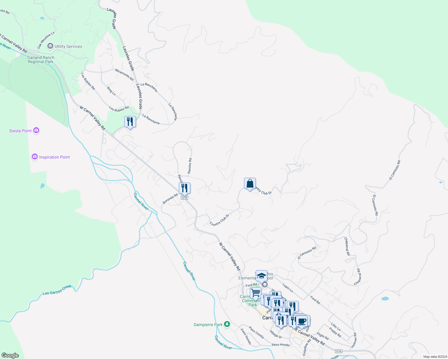 map of restaurants, bars, coffee shops, grocery stores, and more near 13249 Middle Canyon Road in Carmel Valley