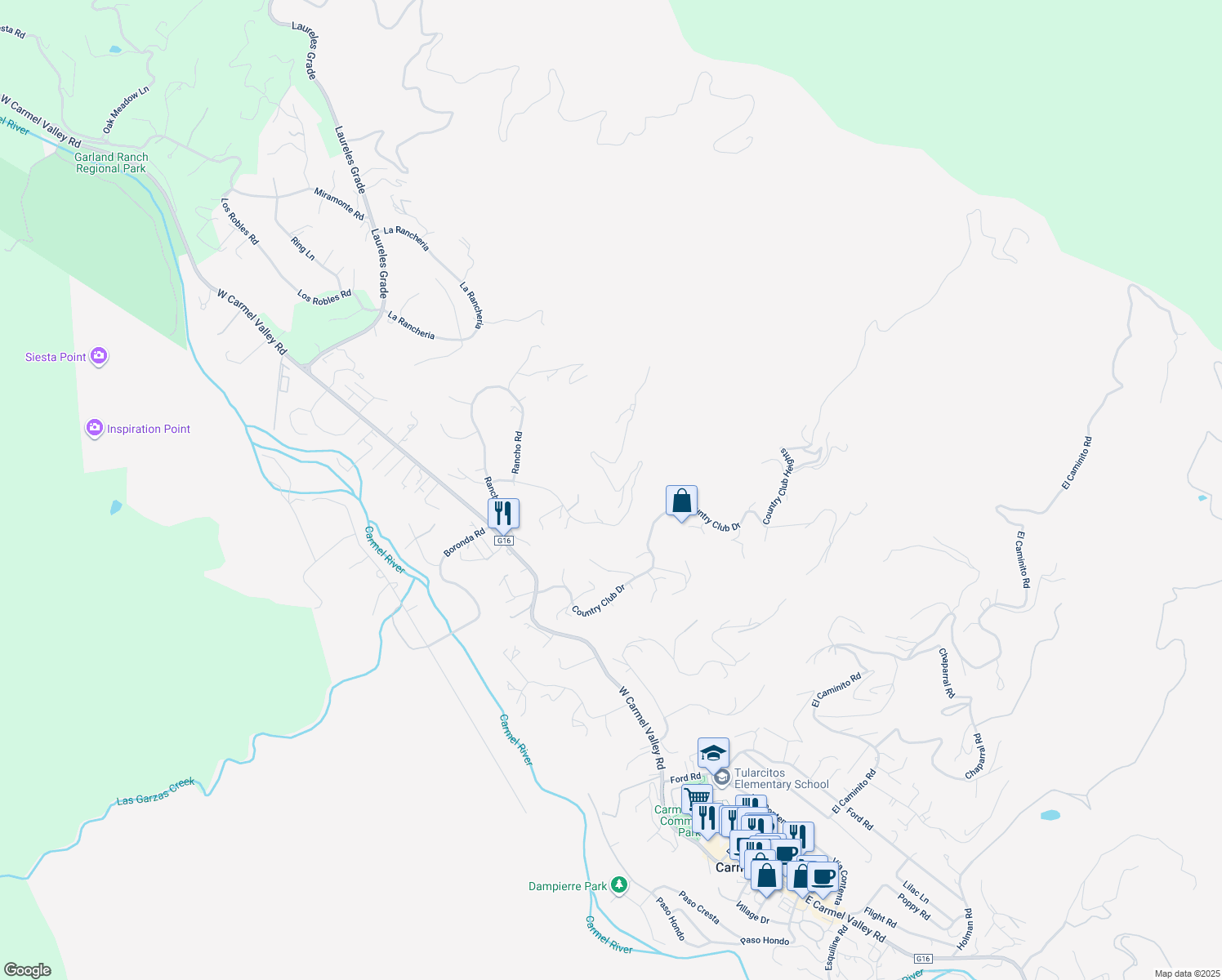map of restaurants, bars, coffee shops, grocery stores, and more near 13249 Middle Canyon Road in Carmel Valley