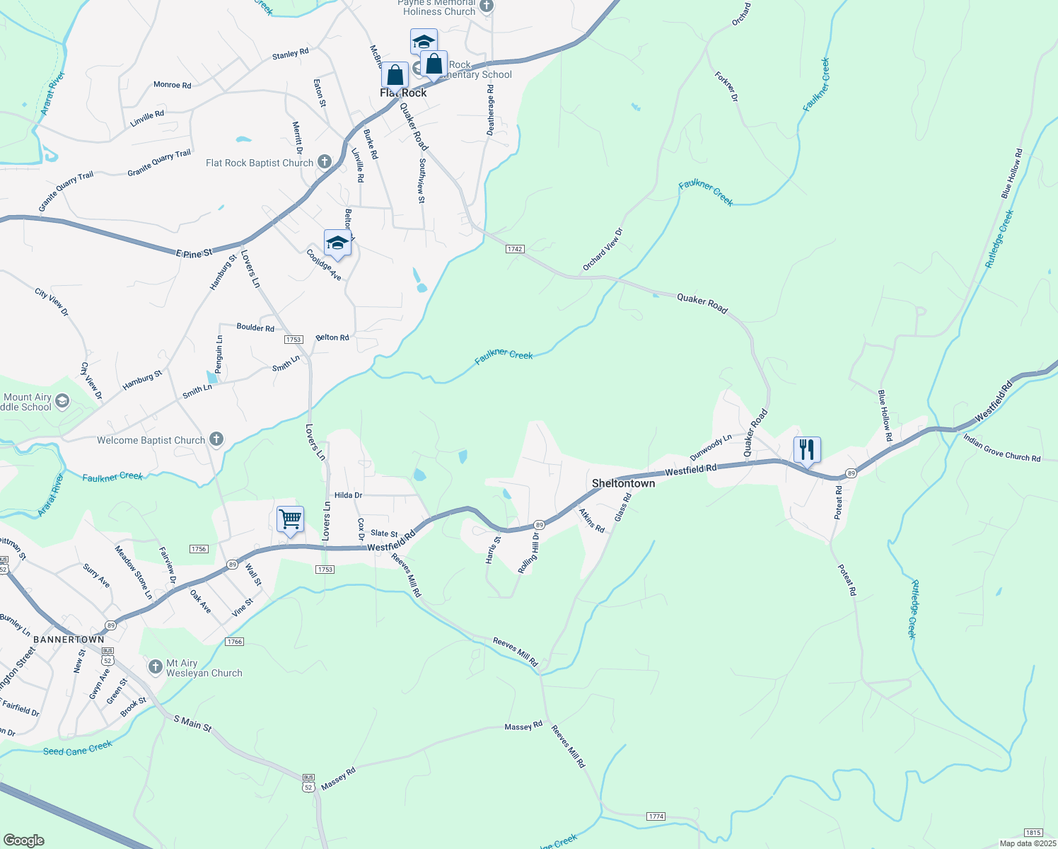map of restaurants, bars, coffee shops, grocery stores, and more near 173 Town Lane in Mount Airy