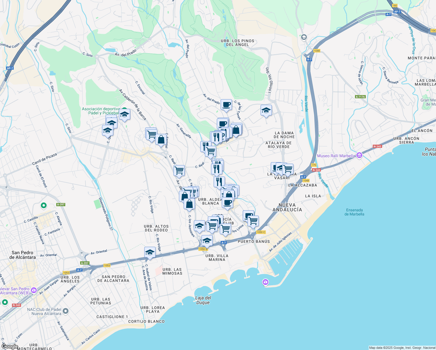 map of restaurants, bars, coffee shops, grocery stores, and more near 3 Calle el Califa in Marbella