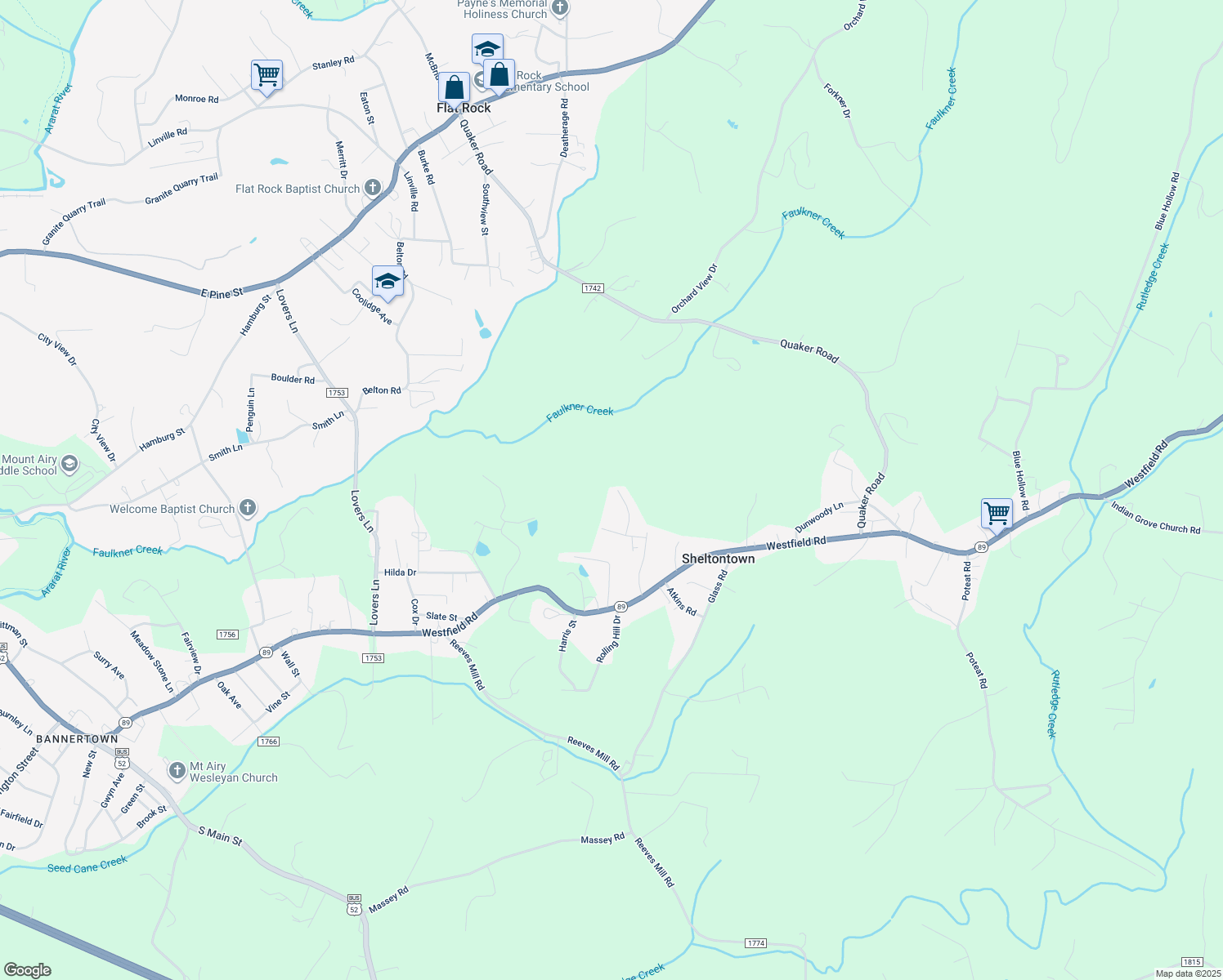 map of restaurants, bars, coffee shops, grocery stores, and more near 173 Town Lane in Mount Airy
