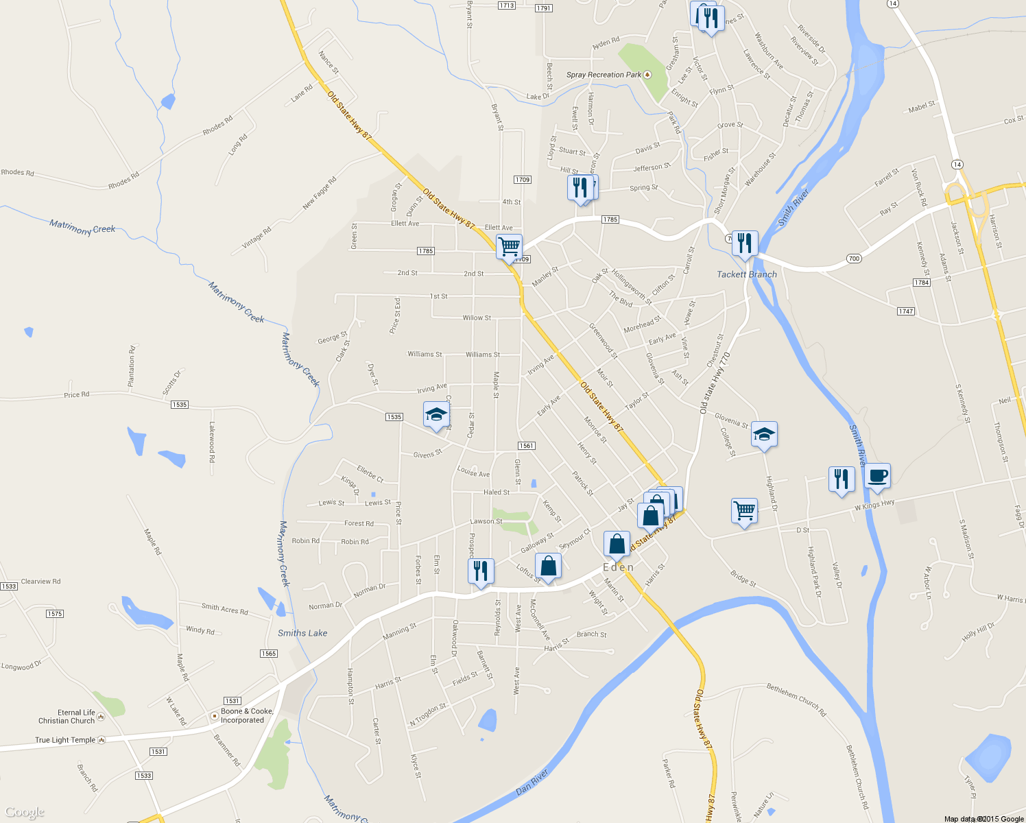 map of restaurants, bars, coffee shops, grocery stores, and more near 319 South Hamilton Street in Eden