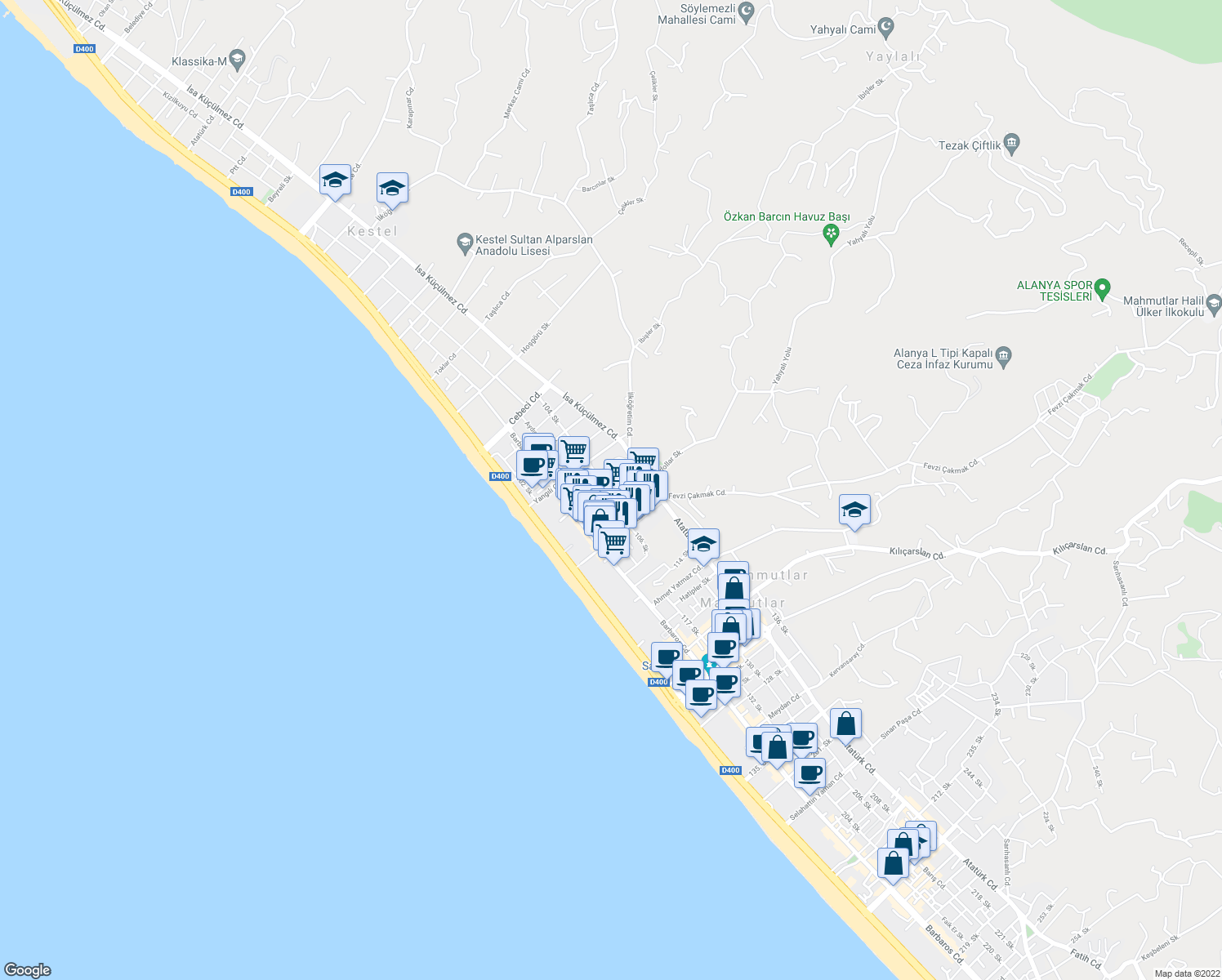 map of restaurants, bars, coffee shops, grocery stores, and more near 108. Sokak in Alanya