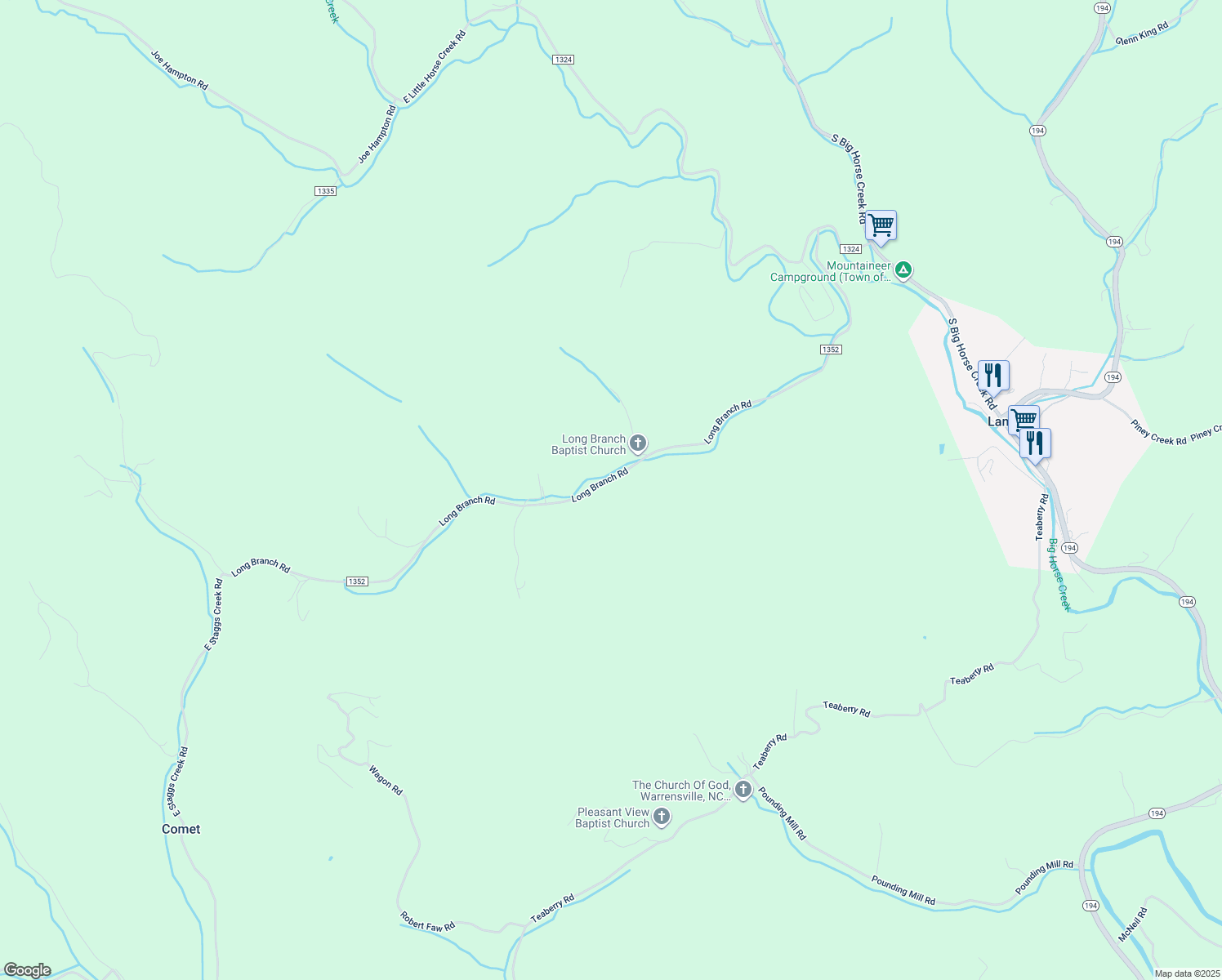 map of restaurants, bars, coffee shops, grocery stores, and more near 1297 Long Branch Road in Lansing