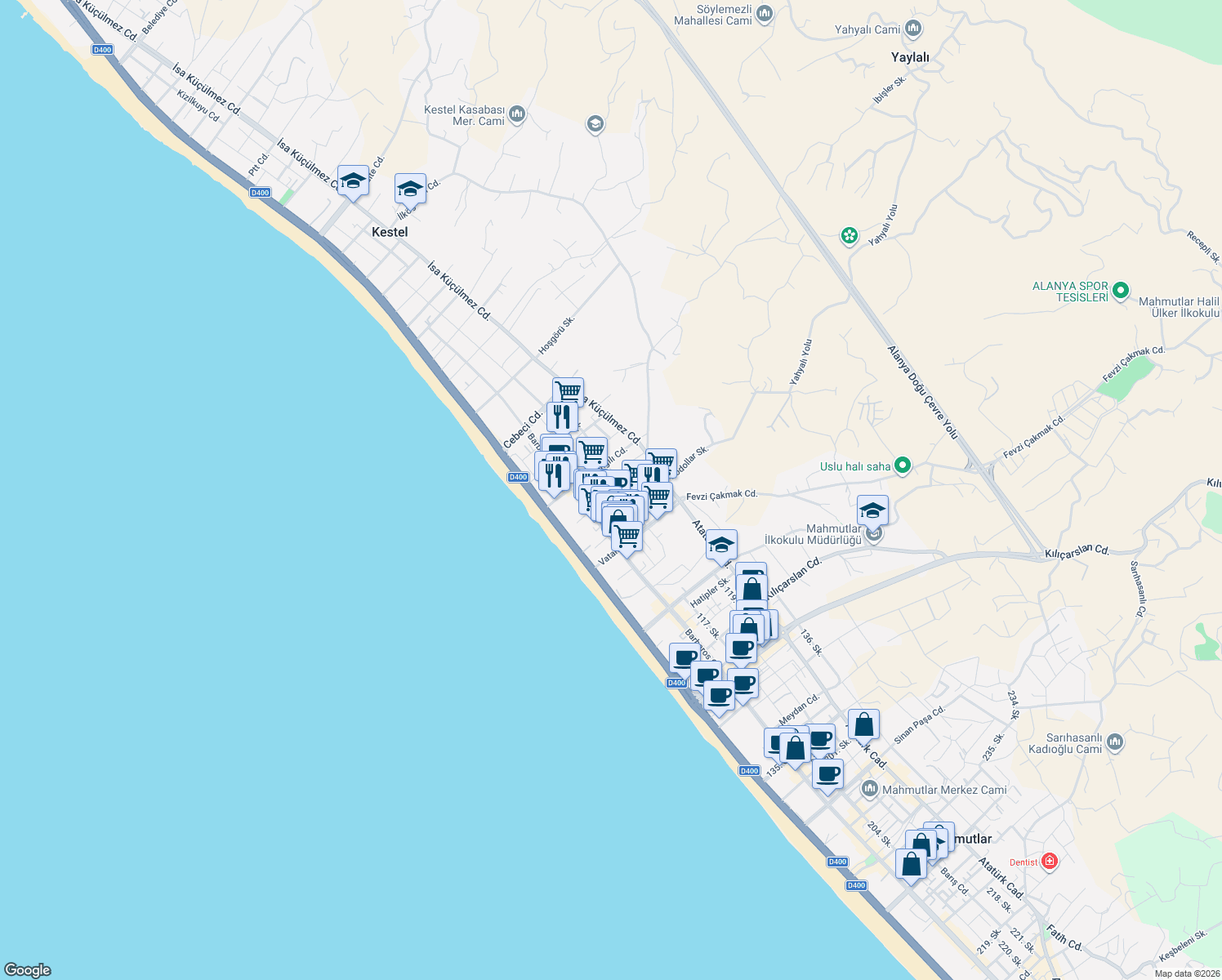 map of restaurants, bars, coffee shops, grocery stores, and more near No:107 Aydın Sokak in Alanya