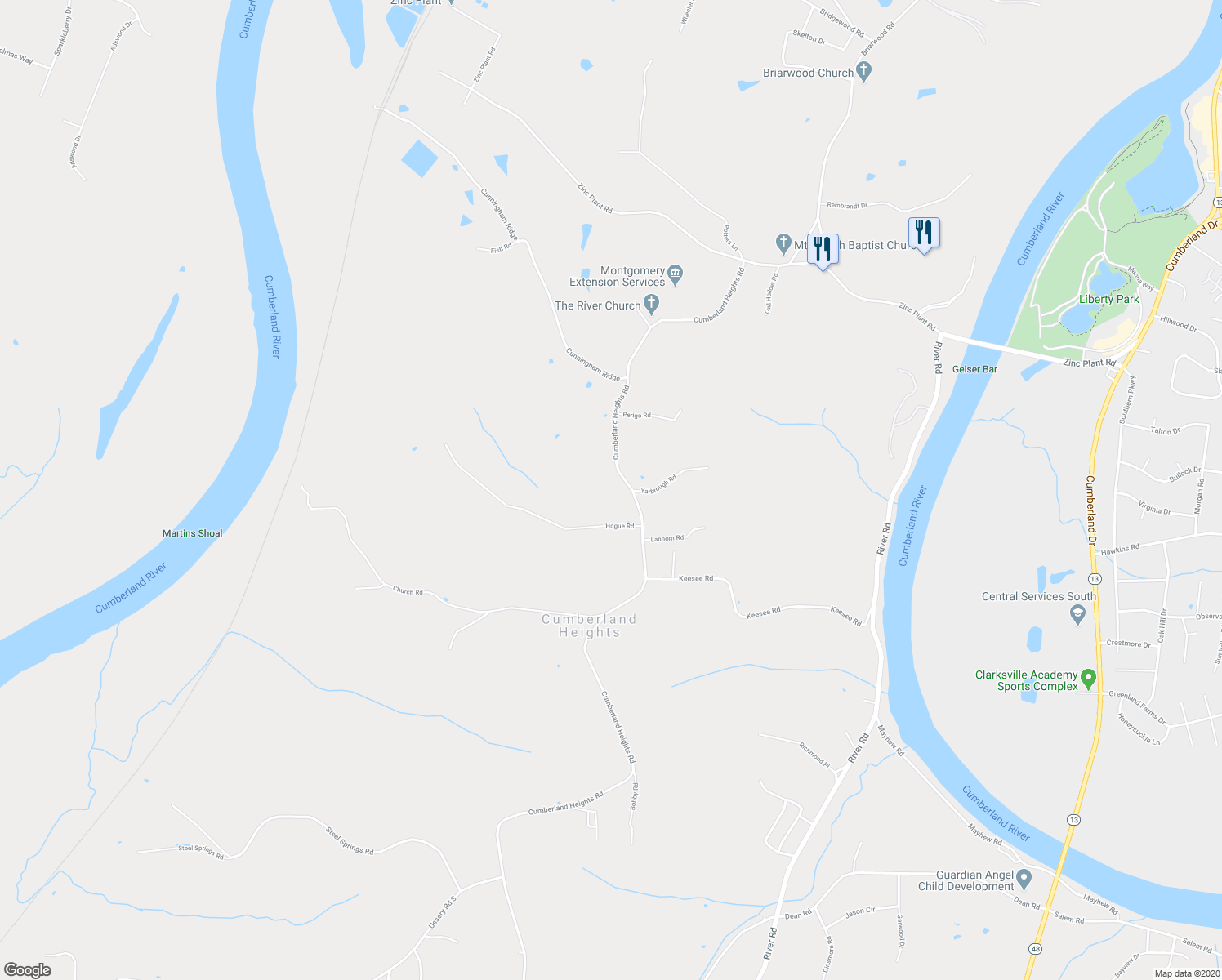 map of restaurants, bars, coffee shops, grocery stores, and more near 1202 Cumberland Heights Road in Clarksville
