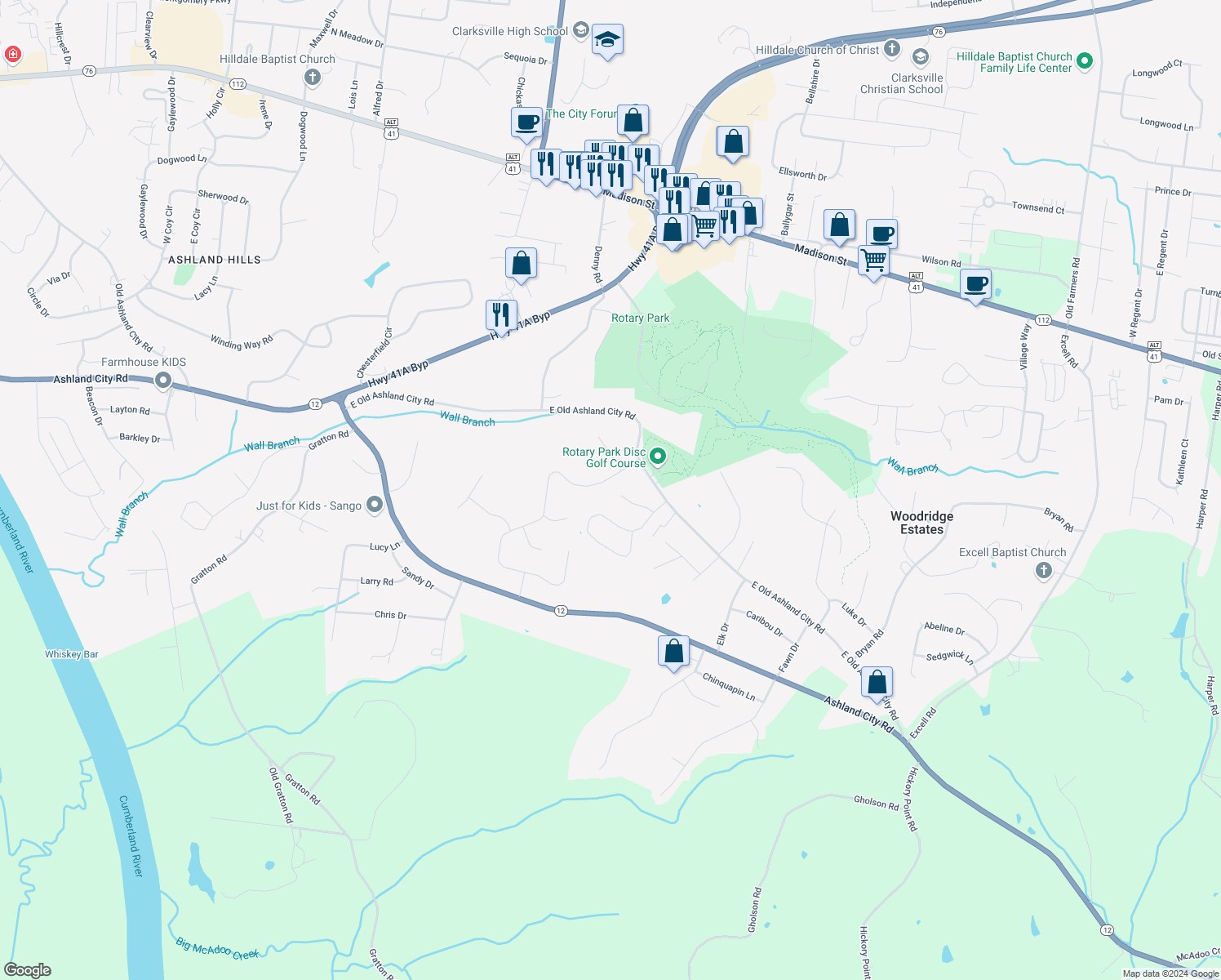 map of restaurants, bars, coffee shops, grocery stores, and more near 564 Cedar Valley Drive in Clarksville