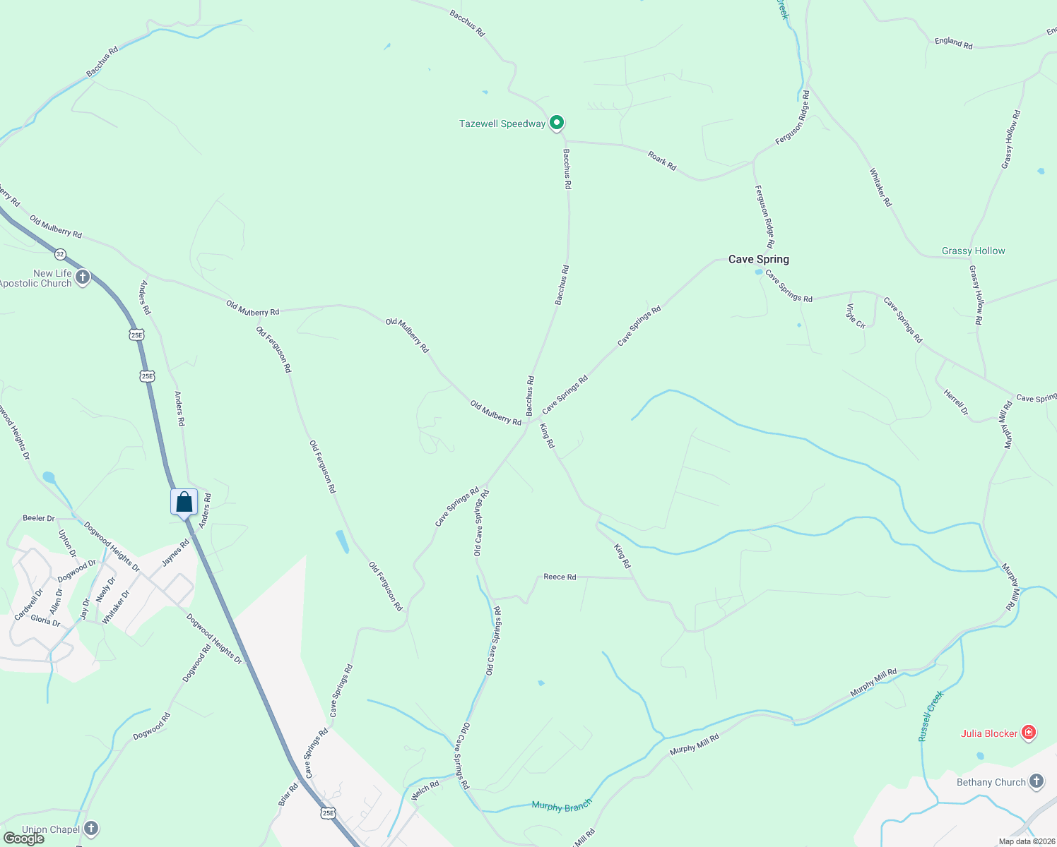 map of restaurants, bars, coffee shops, grocery stores, and more near 100 Old Mulberry Road in Tazewell