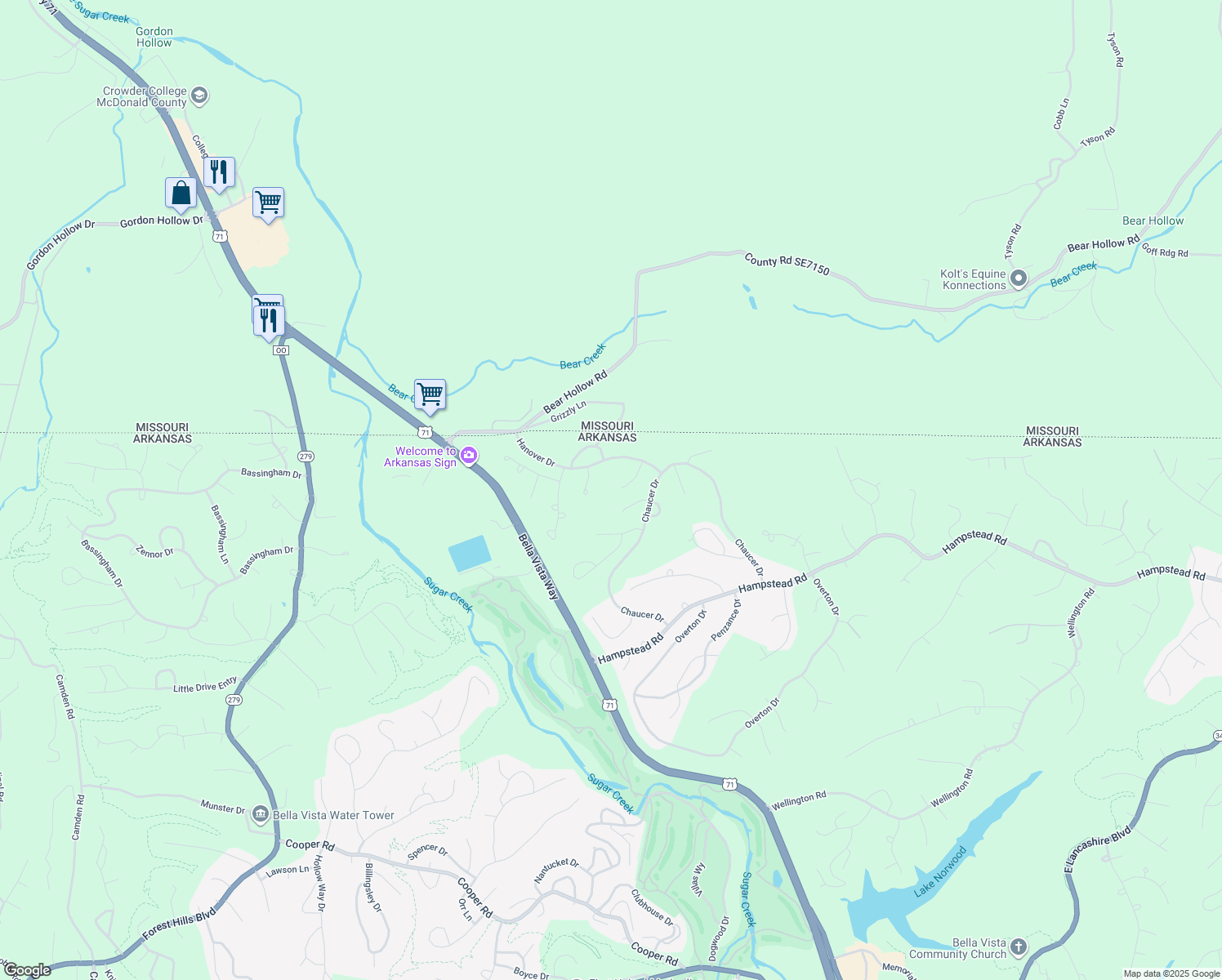 map of restaurants, bars, coffee shops, grocery stores, and more near 14 Redruth Lane in Bella Vista