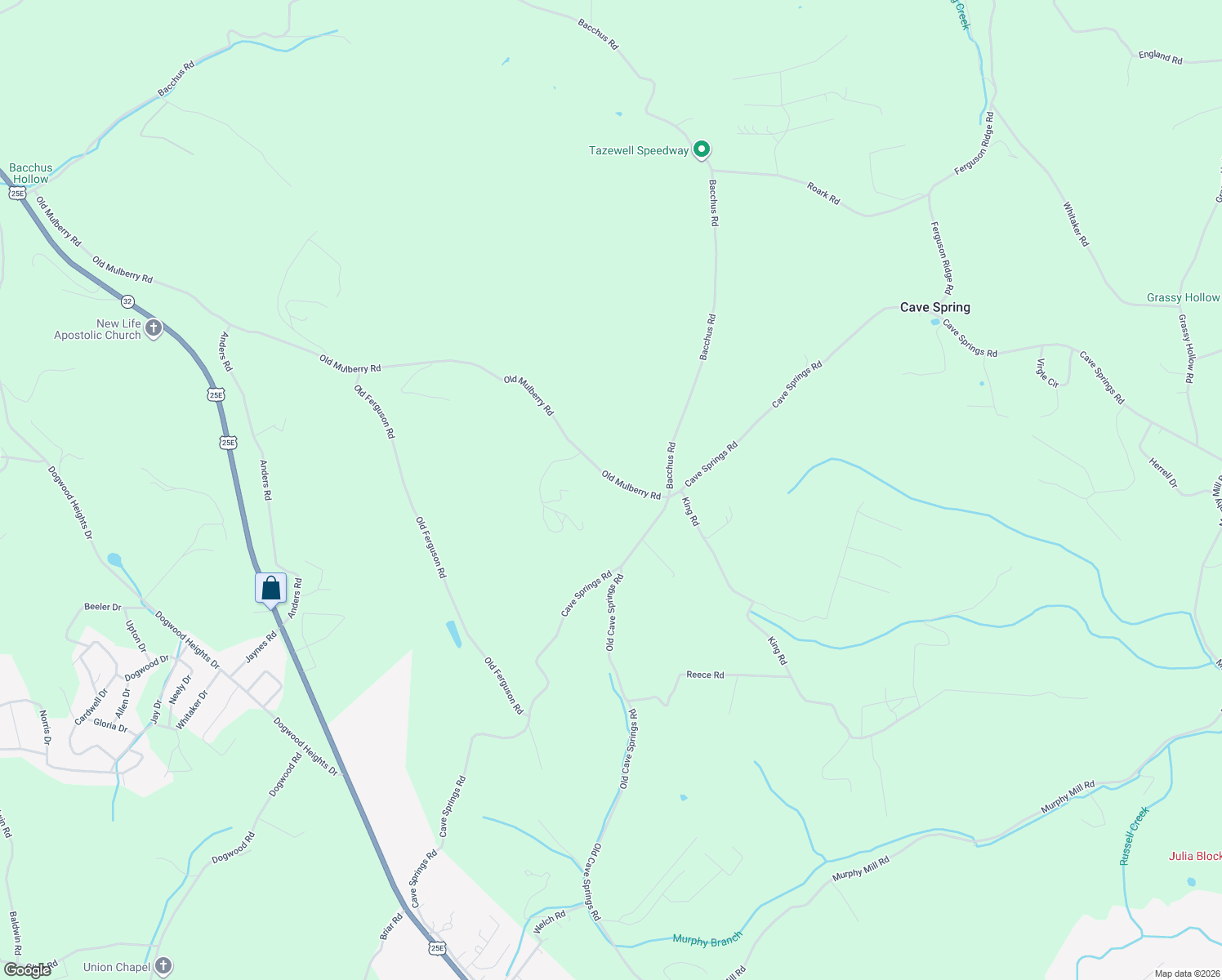 map of restaurants, bars, coffee shops, grocery stores, and more near 100-216 Old Mulberry Road in Tazewell