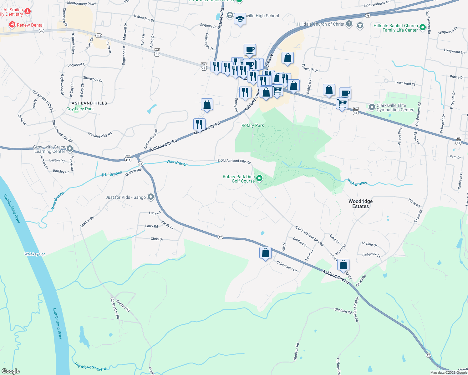 map of restaurants, bars, coffee shops, grocery stores, and more near 510 Glenstone Springs Drive in Clarksville
