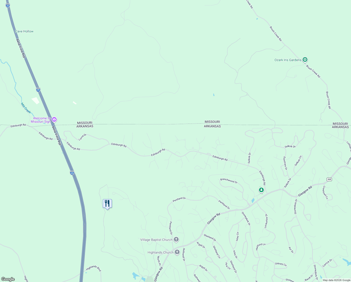 map of restaurants, bars, coffee shops, grocery stores, and more near Fields Circle in Bella Vista