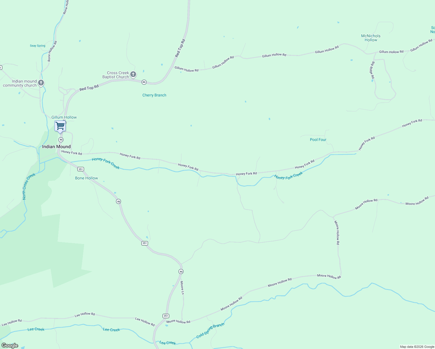 map of restaurants, bars, coffee shops, grocery stores, and more near 460 Honey Fork Road in Indian Mound
