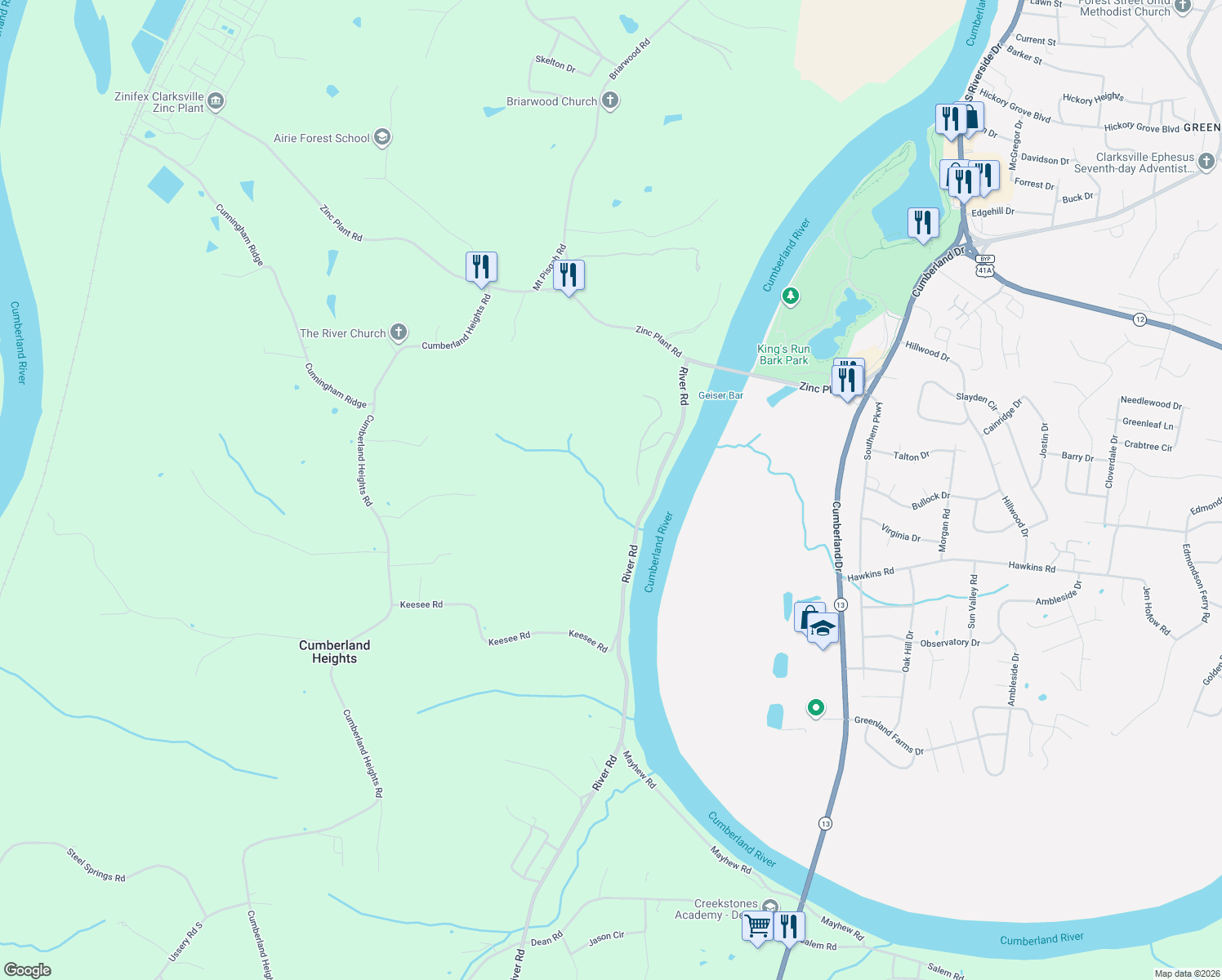 map of restaurants, bars, coffee shops, grocery stores, and more near 1200 River Road in Clarksville