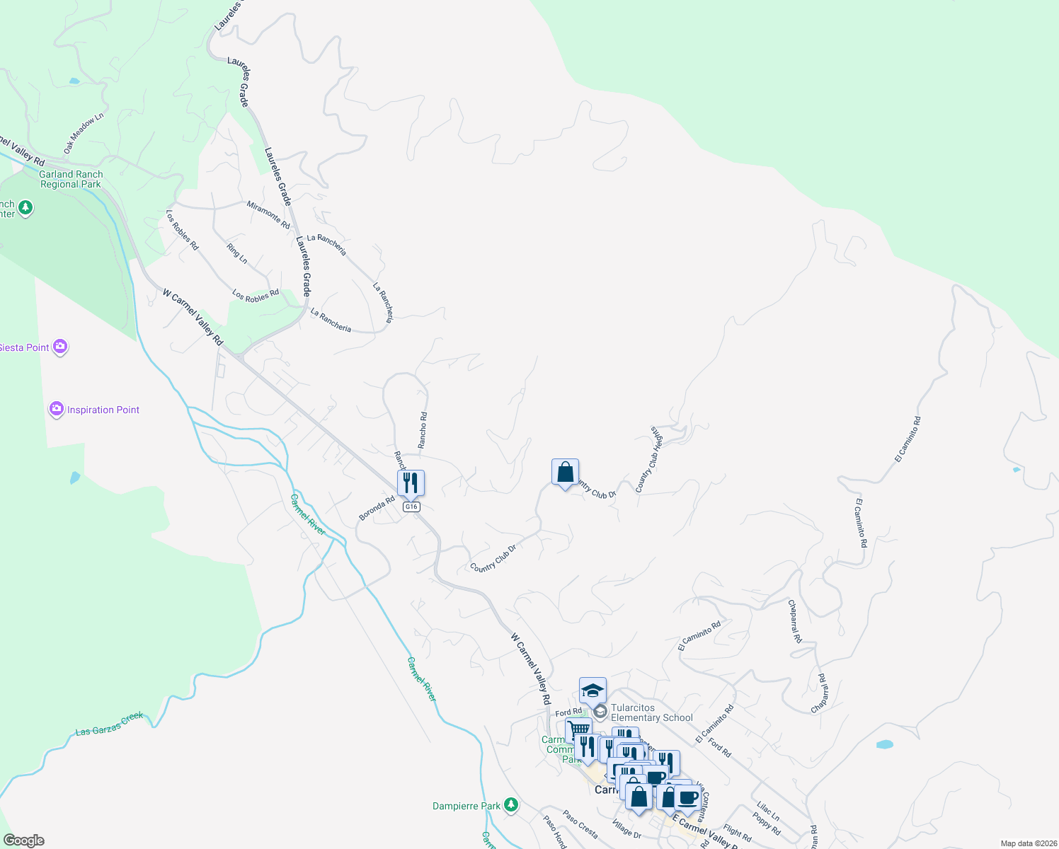 map of restaurants, bars, coffee shops, grocery stores, and more near 13330 Middle Canyon Road in Carmel Valley