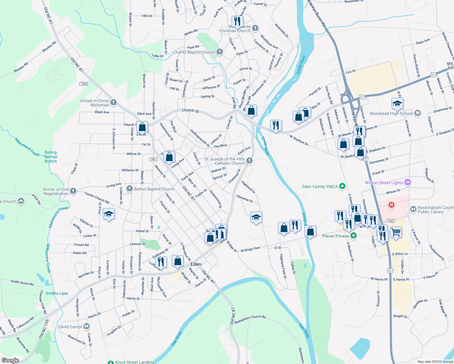map of restaurants, bars, coffee shops, grocery stores, and more near 433 Chestnut Street in Eden