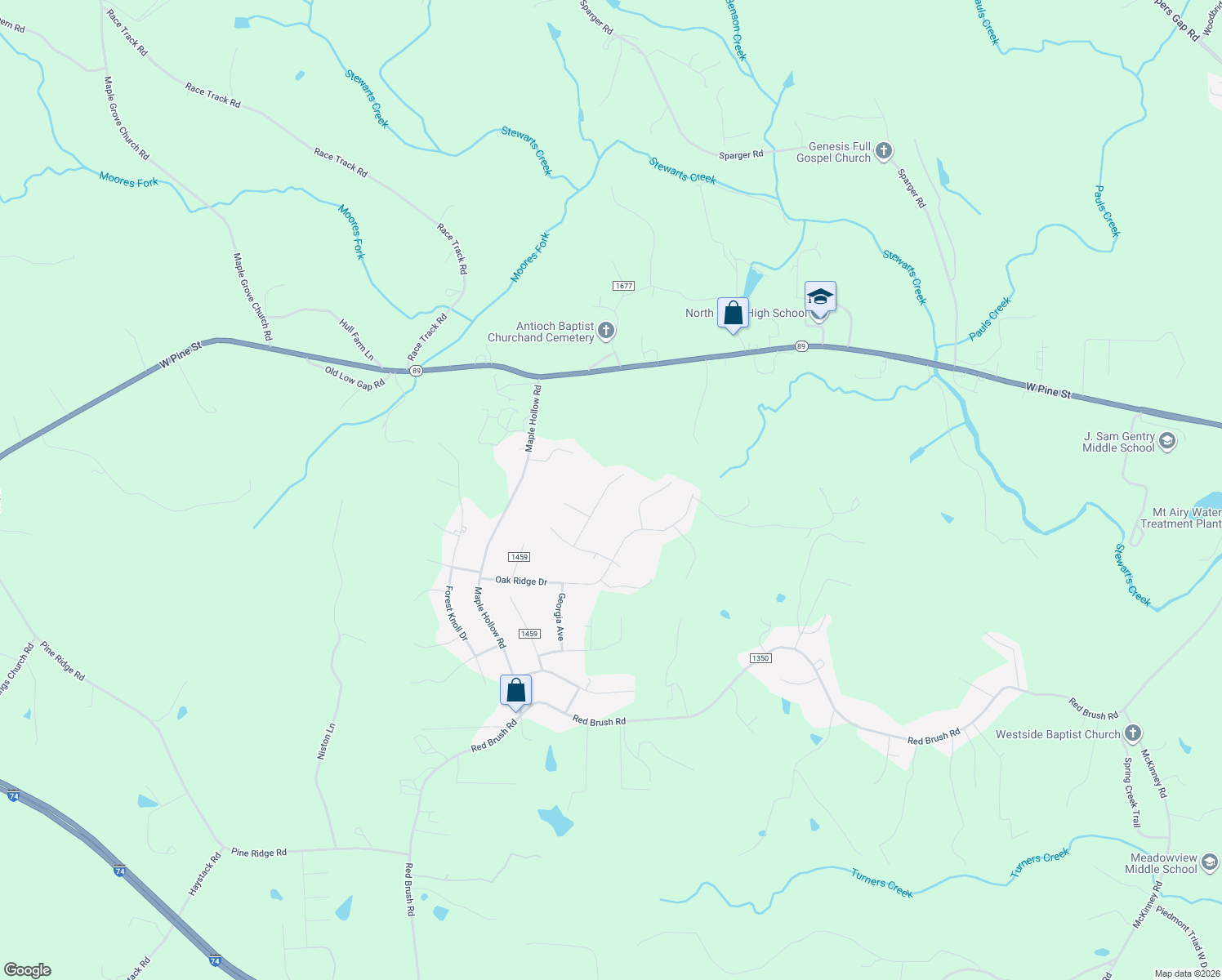 map of restaurants, bars, coffee shops, grocery stores, and more near 198 Oak Ridge Place in Mount Airy