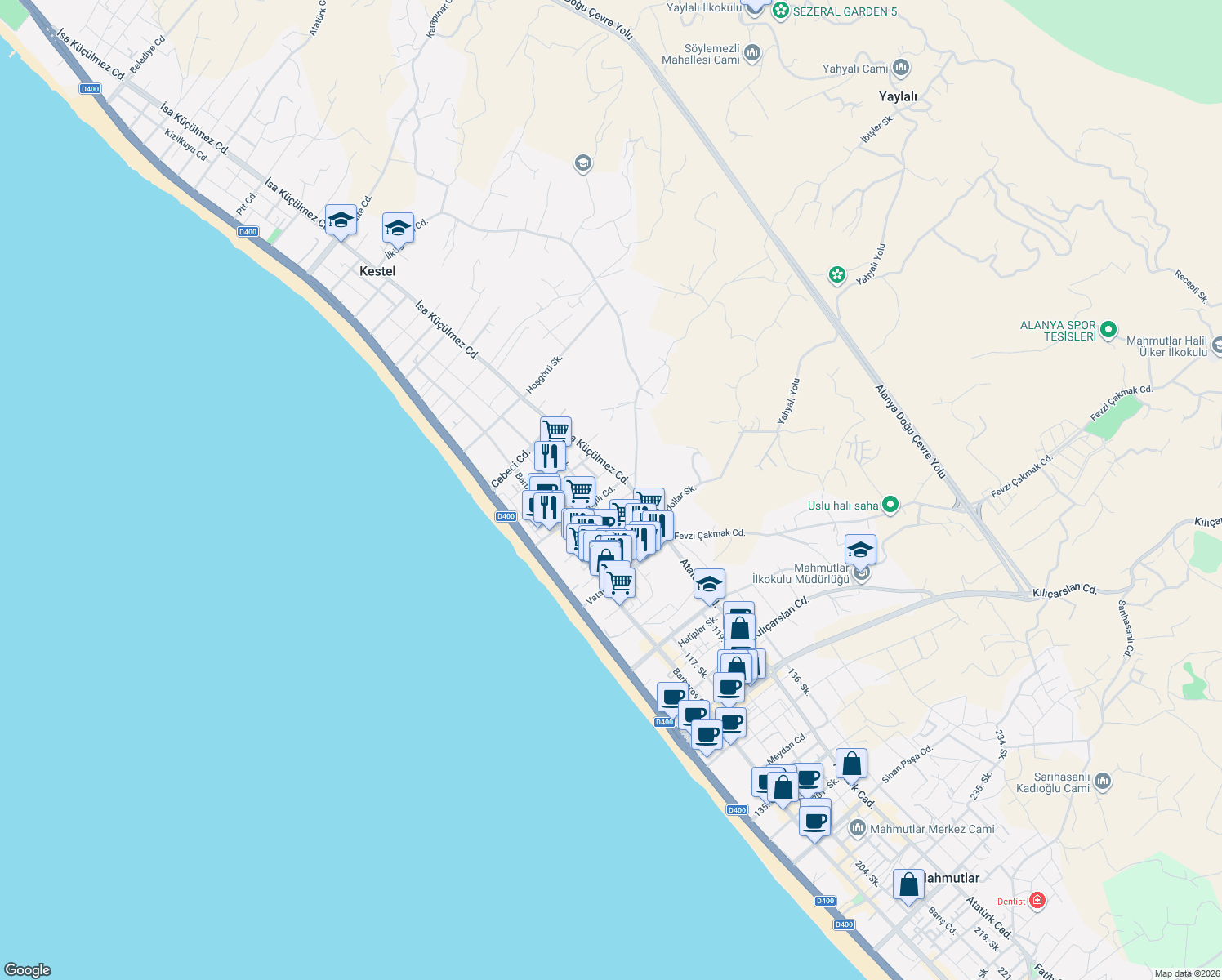 map of restaurants, bars, coffee shops, grocery stores, and more near 20/A Yangılı Caddesi in Alanya