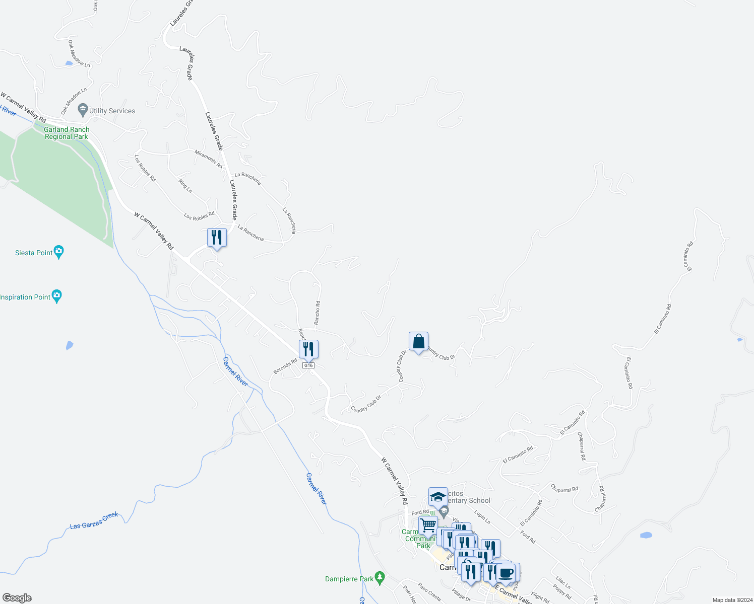 map of restaurants, bars, coffee shops, grocery stores, and more near 13369 Middle Canyon Road in Carmel Valley