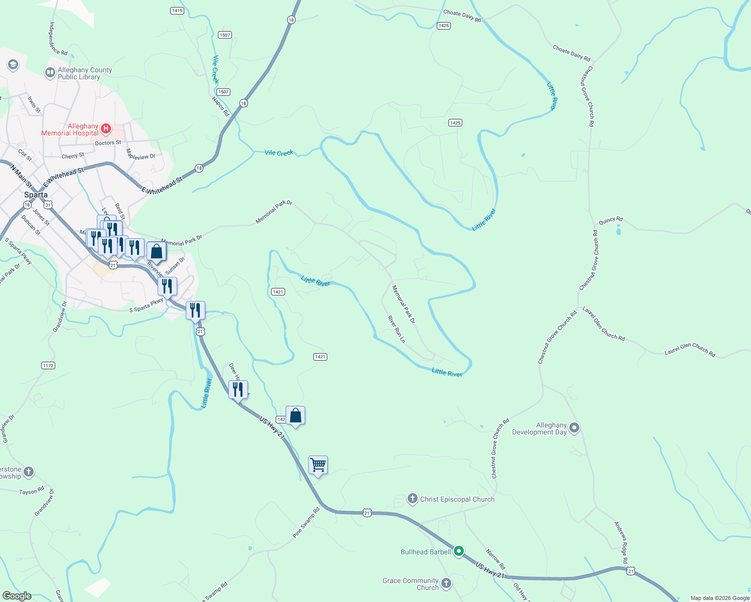 map of restaurants, bars, coffee shops, grocery stores, and more near 4K Alleghany Manor Road in Sparta
