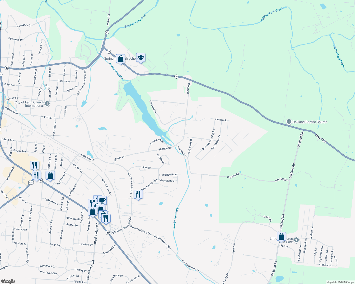 map of restaurants, bars, coffee shops, grocery stores, and more near 905 Hillside Drive in Springfield