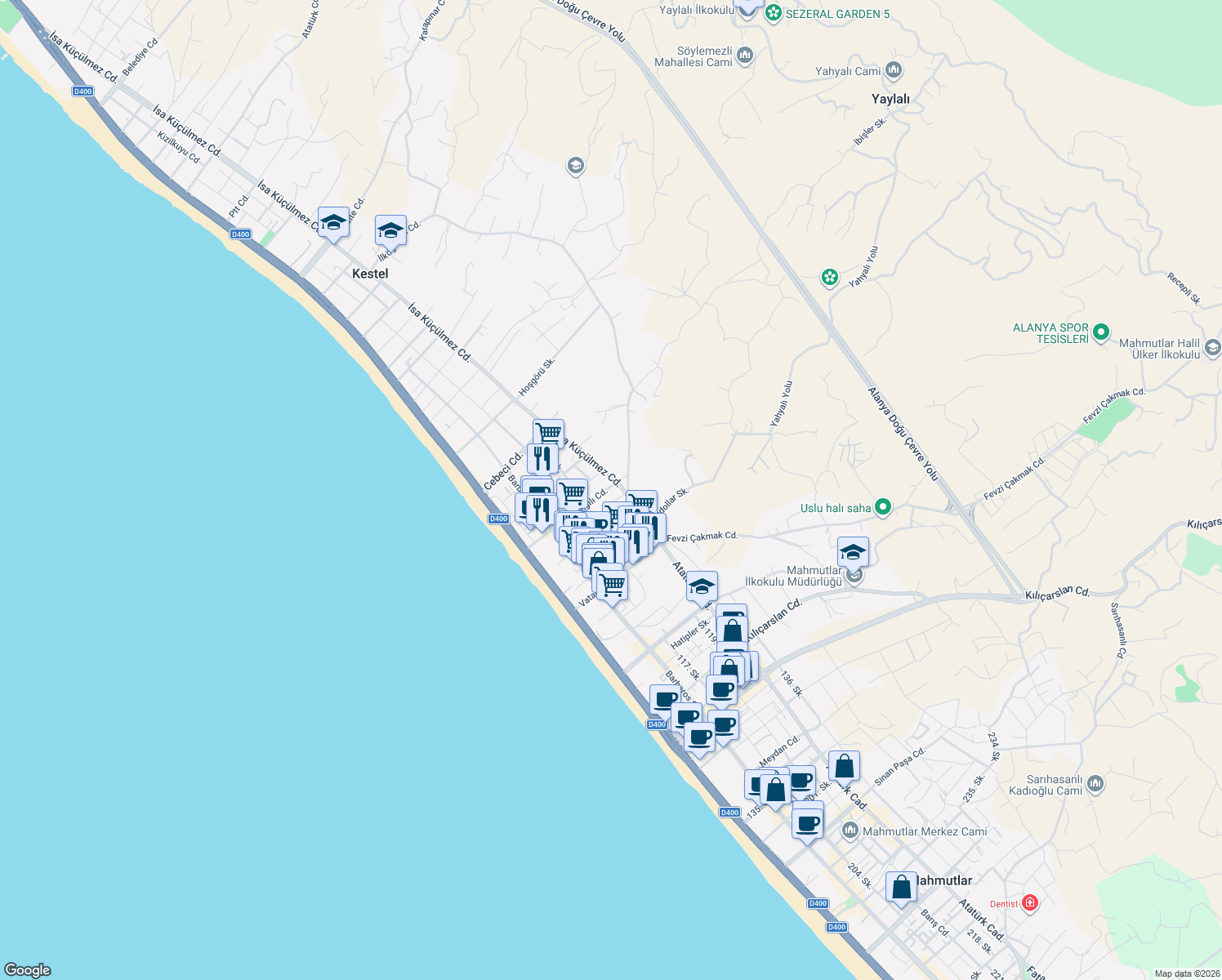 map of restaurants, bars, coffee shops, grocery stores, and more near 20/A Yangılı Caddesi in Alanya
