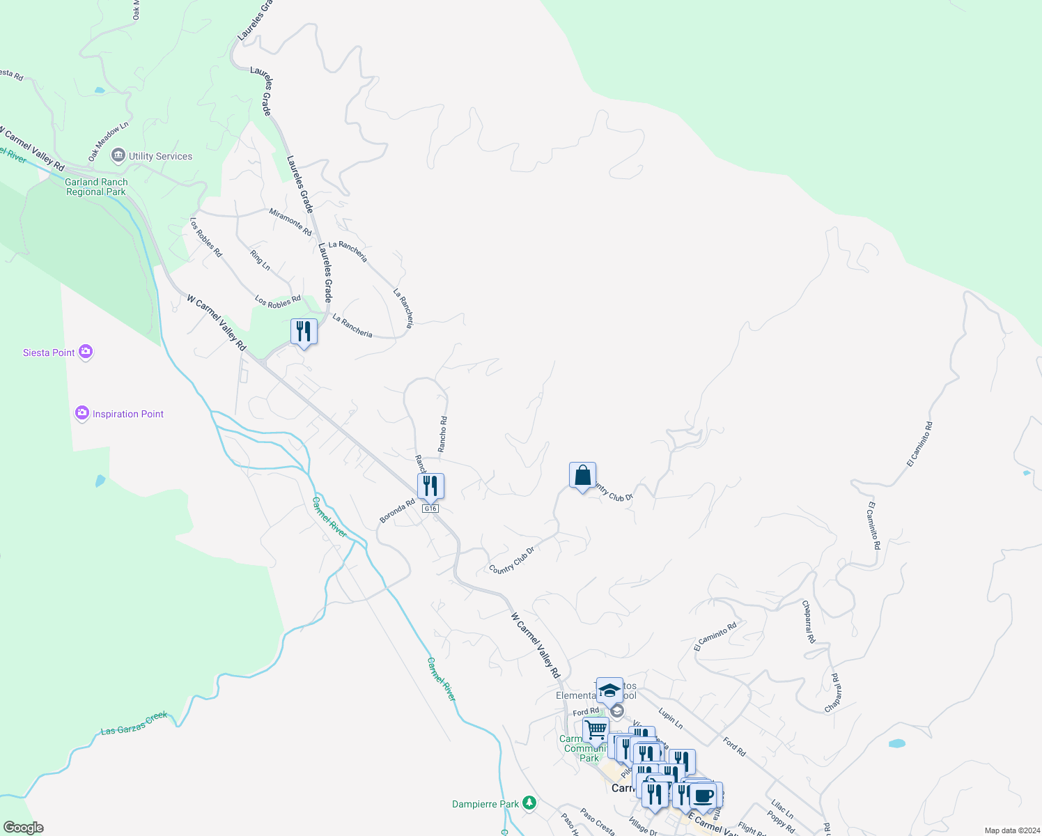 map of restaurants, bars, coffee shops, grocery stores, and more near 13369 Middle Canyon Road in Carmel Valley
