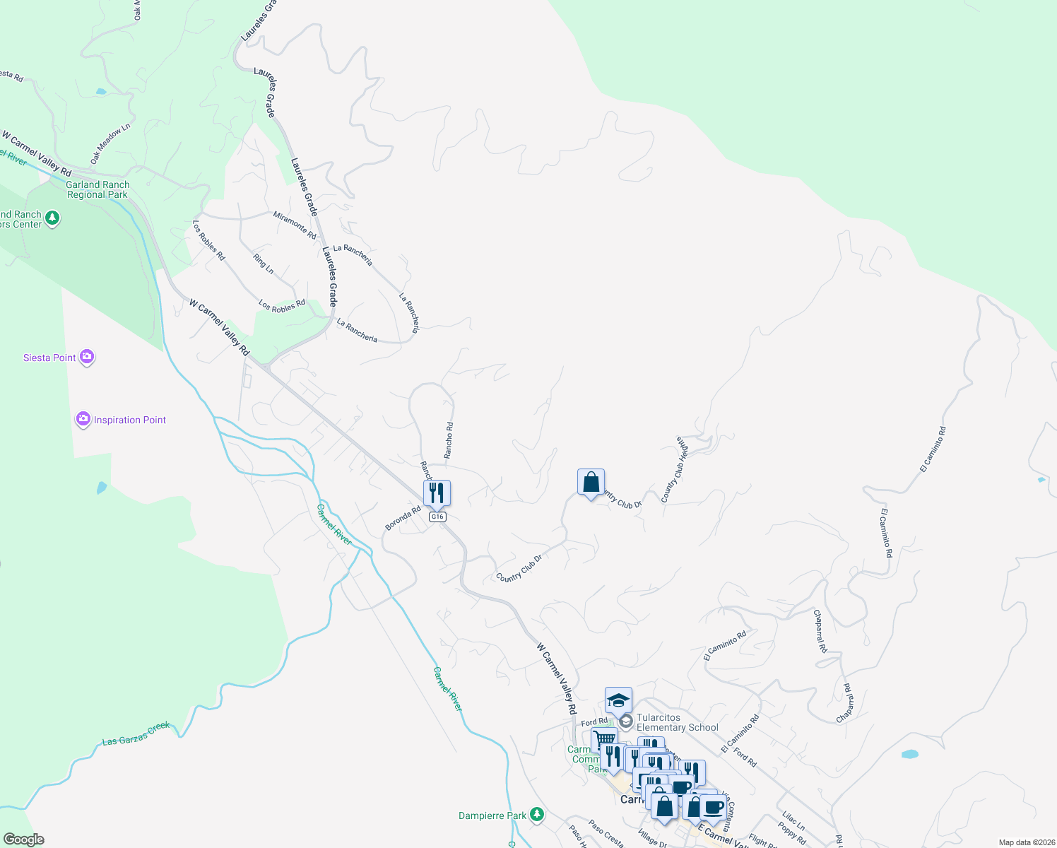 map of restaurants, bars, coffee shops, grocery stores, and more near 13369 Middle Canyon Road in Carmel Valley