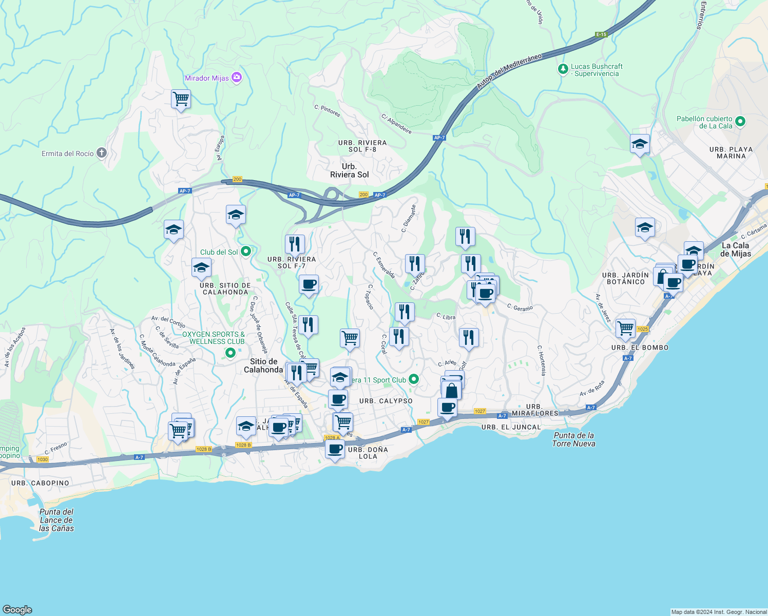 map of restaurants, bars, coffee shops, grocery stores, and more near in Urbanización Riviera Sol