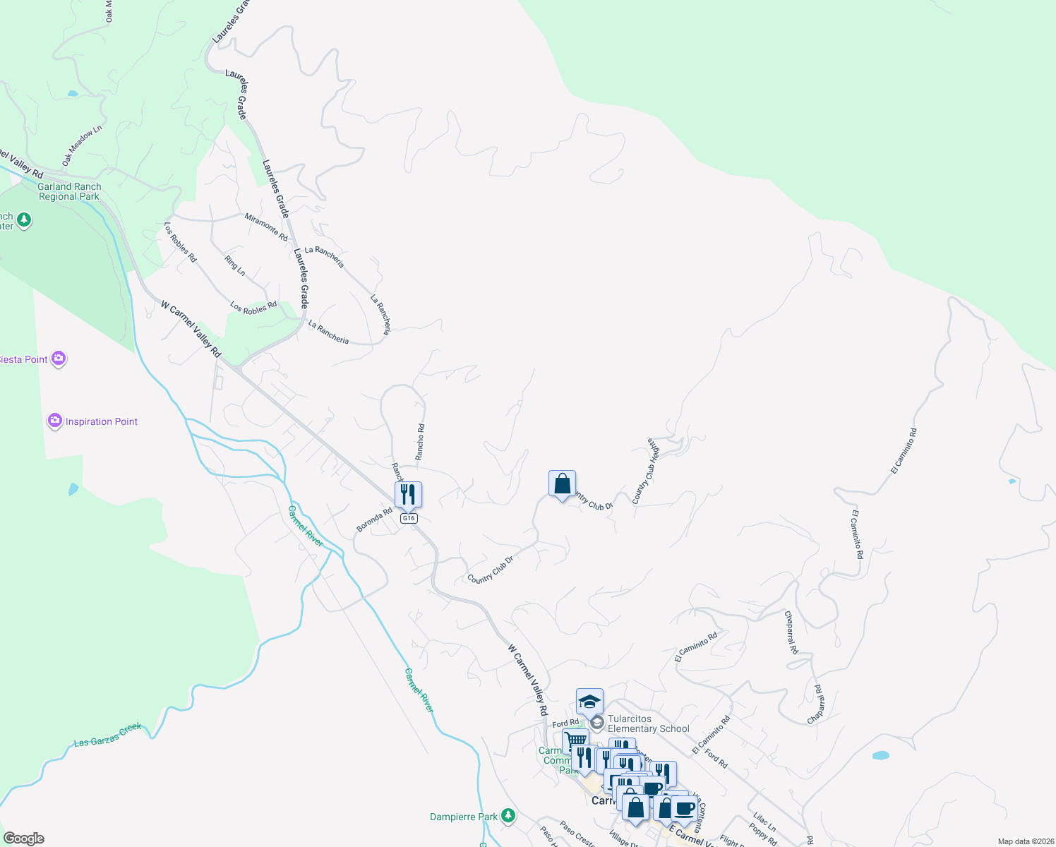 map of restaurants, bars, coffee shops, grocery stores, and more near 13330 Middle Canyon Road in Carmel Valley