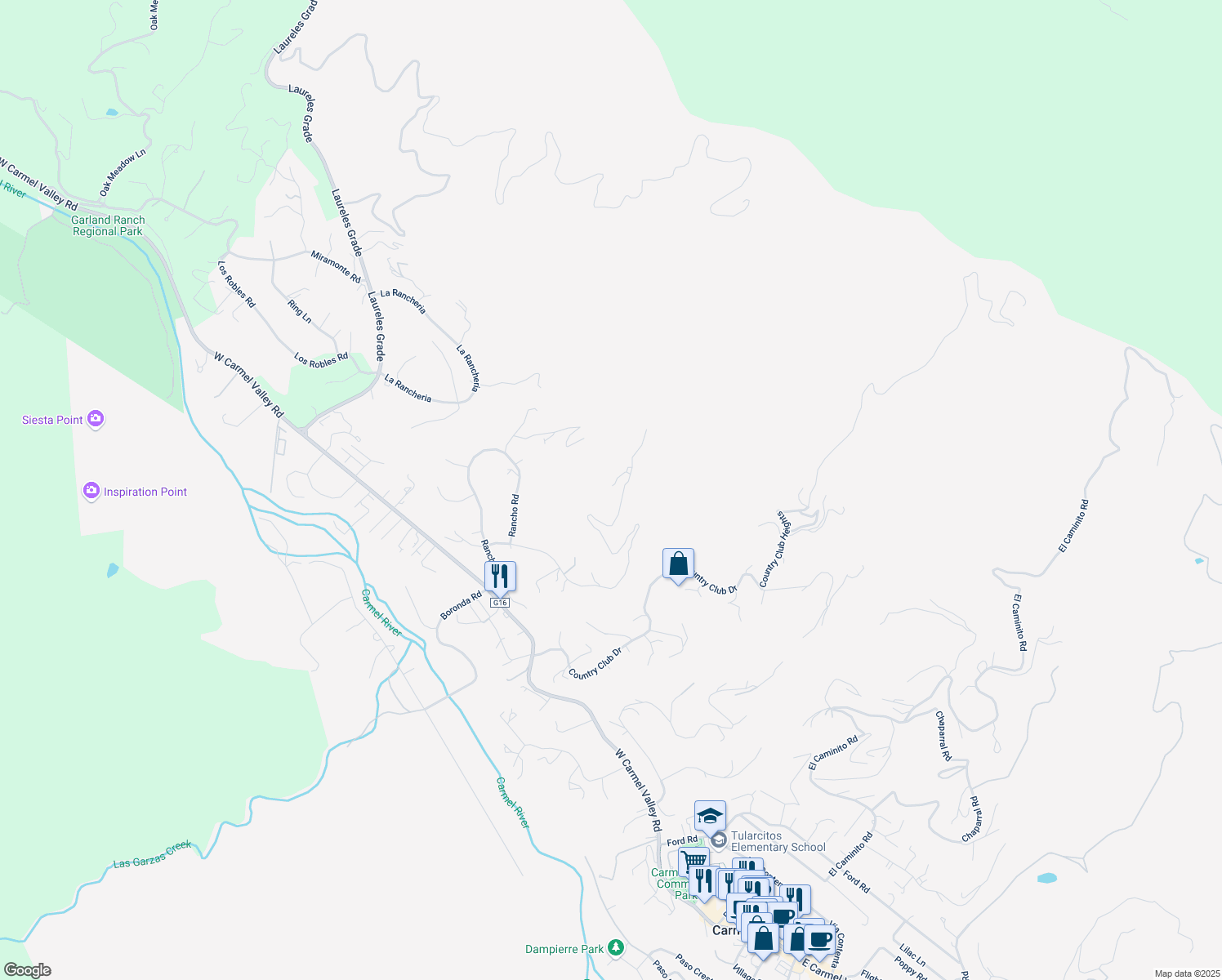 map of restaurants, bars, coffee shops, grocery stores, and more near 13399 Middle Canyon Road in Carmel Valley