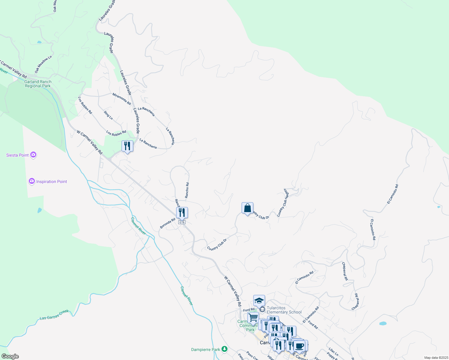 map of restaurants, bars, coffee shops, grocery stores, and more near 13399 Middle Canyon Road in Carmel Valley