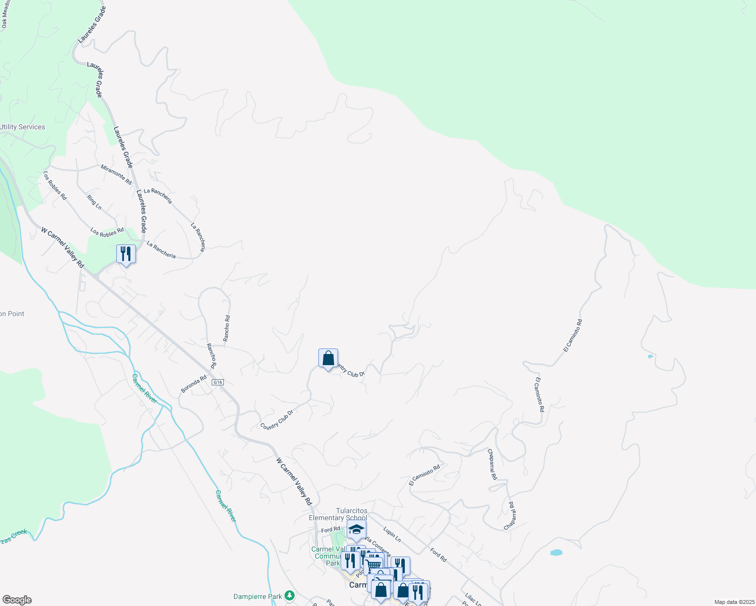 map of restaurants, bars, coffee shops, grocery stores, and more near 304 Country Club Drive in Carmel Valley