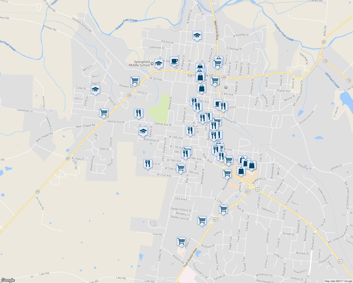 map of restaurants, bars, coffee shops, grocery stores, and more near 1504 Leota Street in Springfield