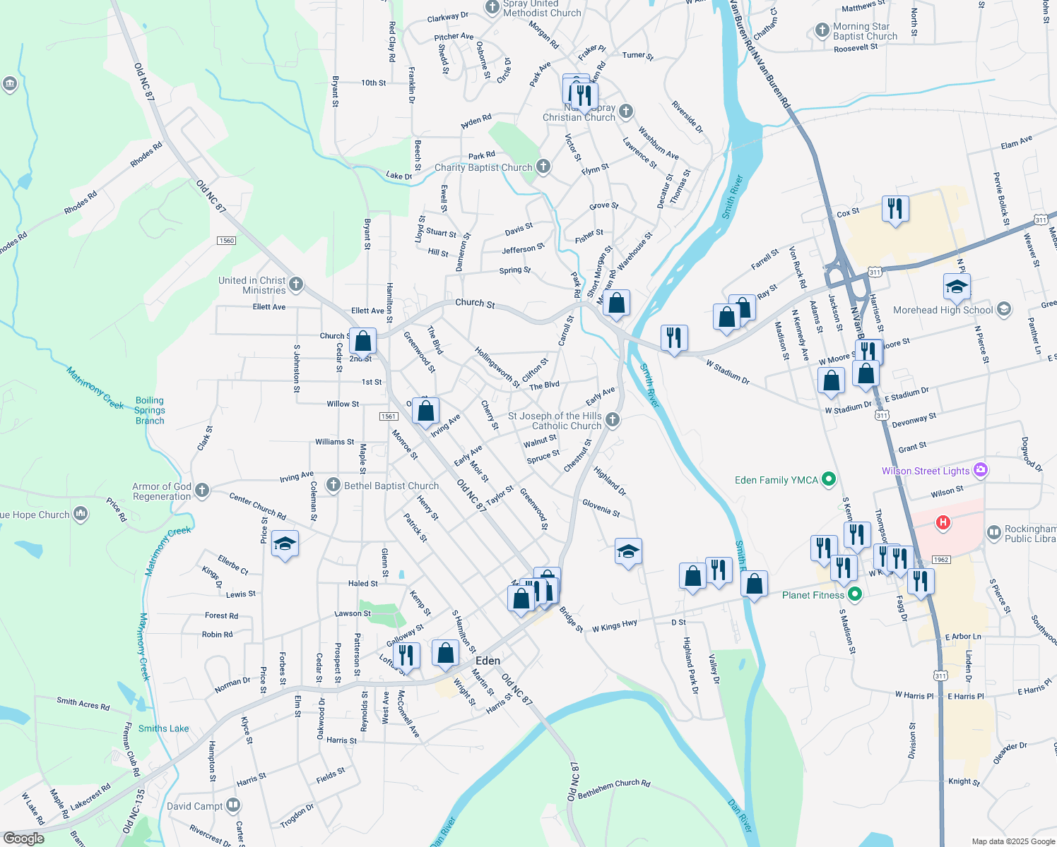 map of restaurants, bars, coffee shops, grocery stores, and more near 517 Early Avenue in Eden
