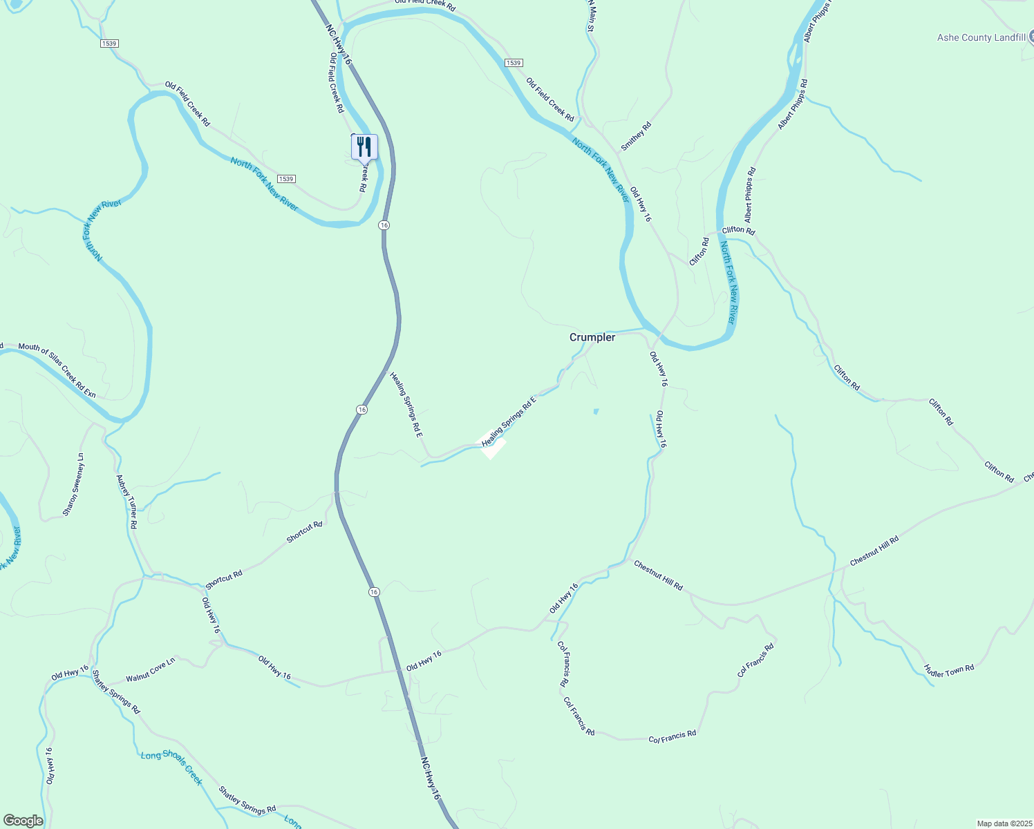 map of restaurants, bars, coffee shops, grocery stores, and more near Healing Springs Road East in Ashe County