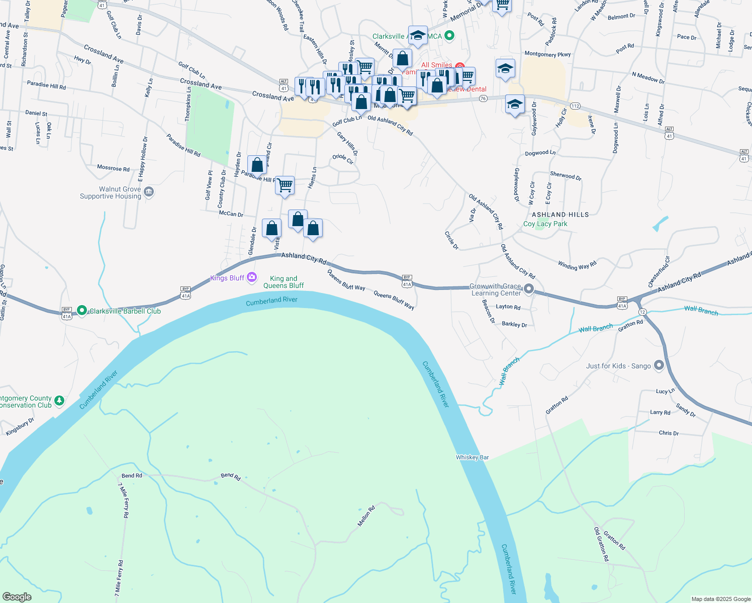 map of restaurants, bars, coffee shops, grocery stores, and more near 2088 Queens Bluff Way in Clarksville