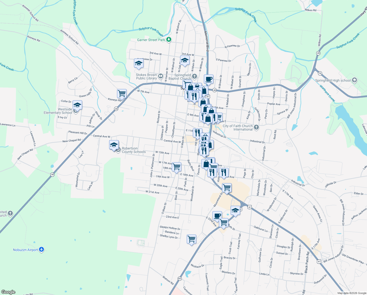 map of restaurants, bars, coffee shops, grocery stores, and more near 1322 South Main Street in Springfield