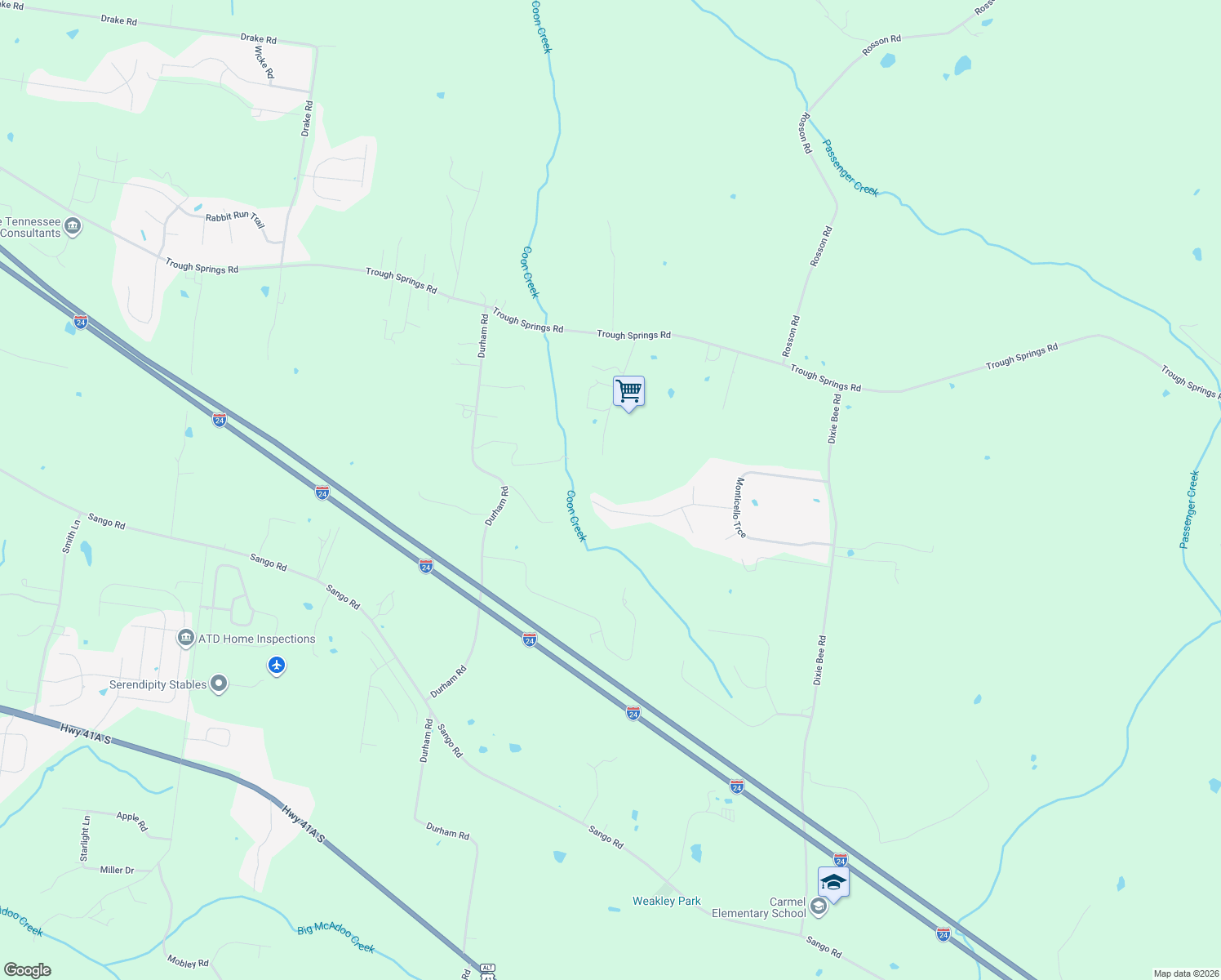 map of restaurants, bars, coffee shops, grocery stores, and more near 4385 Taylor Hall Lane in Adams