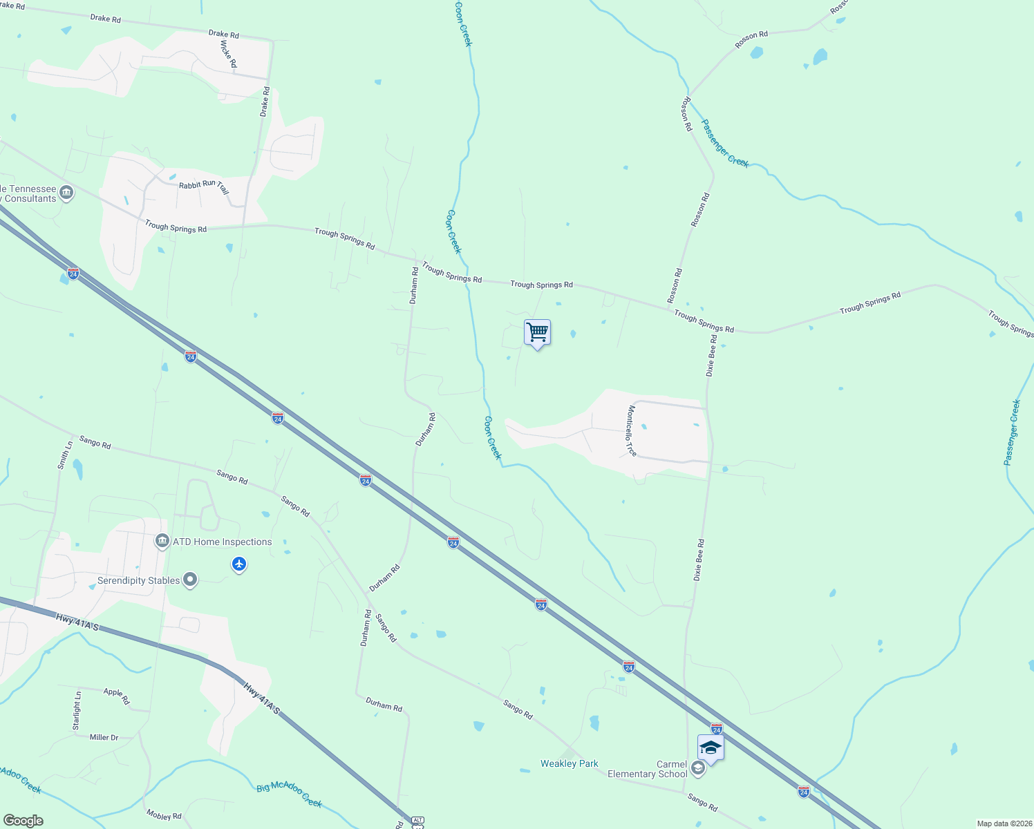 map of restaurants, bars, coffee shops, grocery stores, and more near 4385 Taylor Hall Lane in Adams