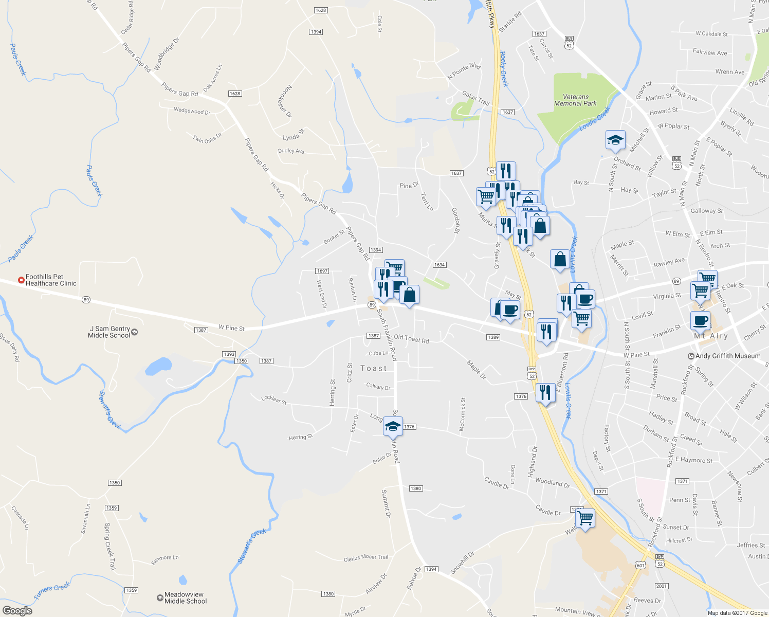 map of restaurants, bars, coffee shops, grocery stores, and more near 1221 West Pine Street in Mount Airy